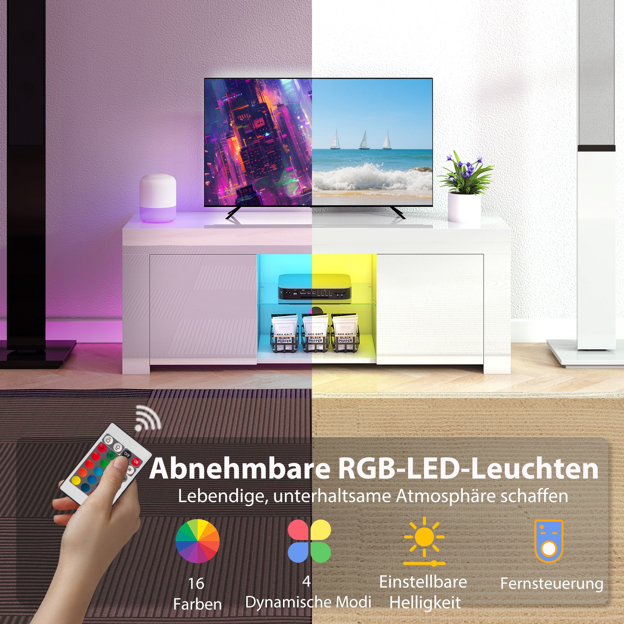 TV-Schrank mit LED-Beleuchtung, 2 Schranktüren, Glasregal, Kabellöcher, für Wohnzimmer, Spanplatte, Weiß