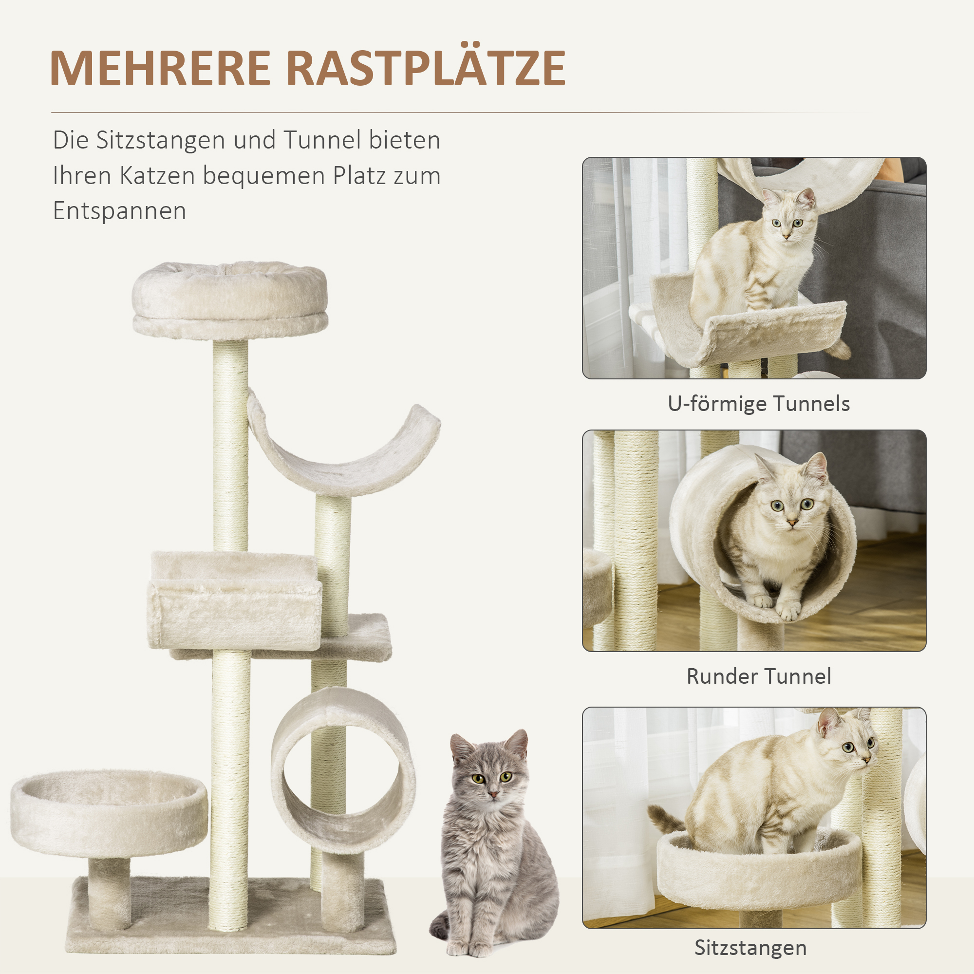 Katzenbaum Katzenkratzbaum Katzen Kletterbaum Kratzbaum Spielzeug Tunnel Beige L50 x B40 x H105 cm