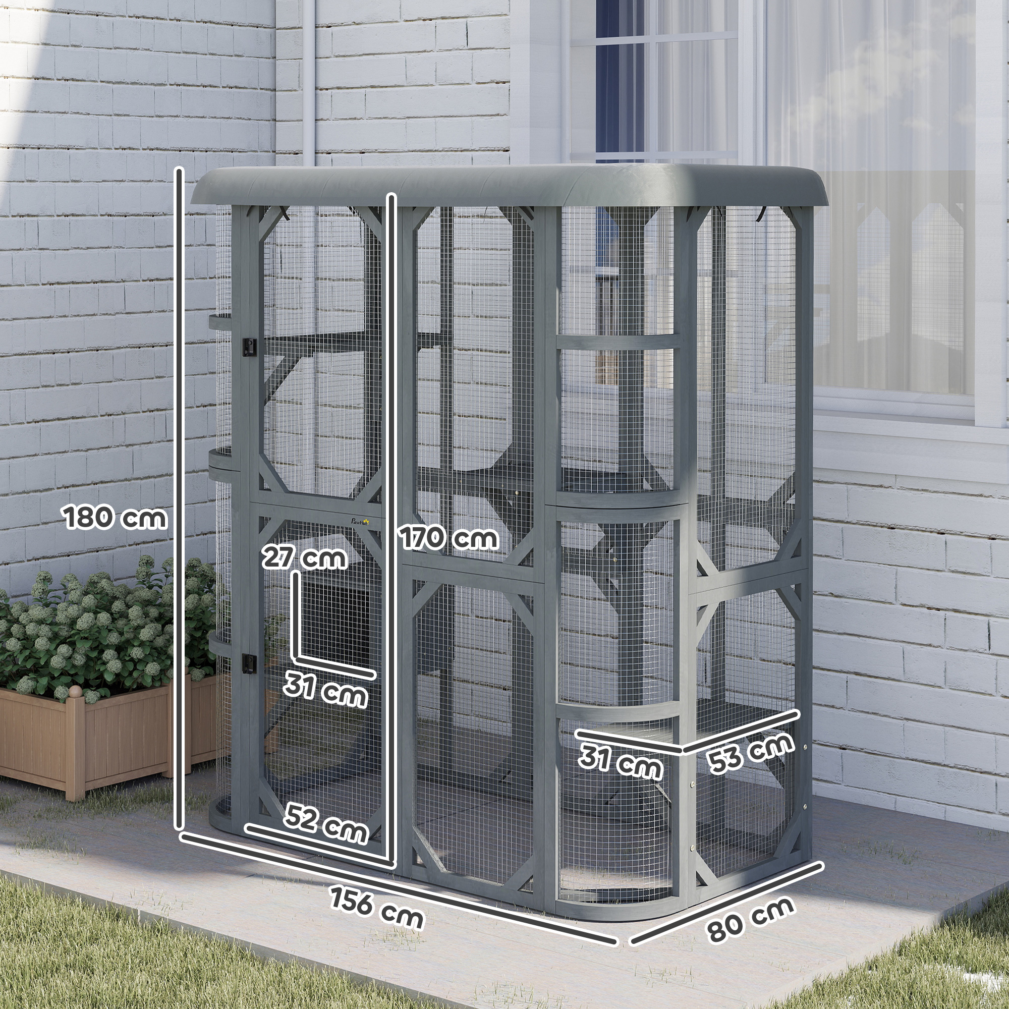 Katzengehege Outdoor begehbar Holz Katzenhaus mit 4 Plattformen wasserabweisend Oxford-Dach 2-3 Katze bis 8 kg