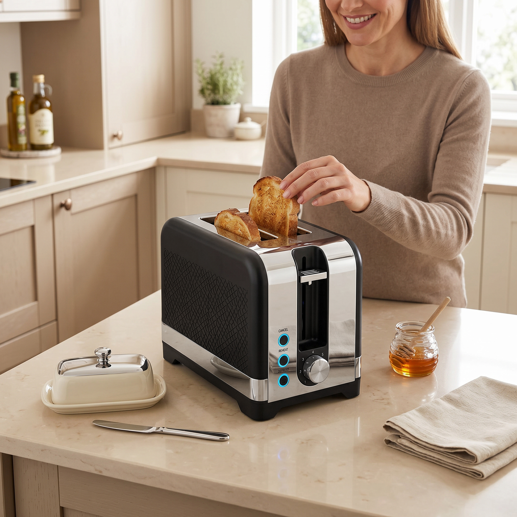 2-Scheiben-Toaster mit 7 Bräunungsstufen, Aufwärm-/Auftau-/Abbruchfunktionen, Wärmerost, 930 W