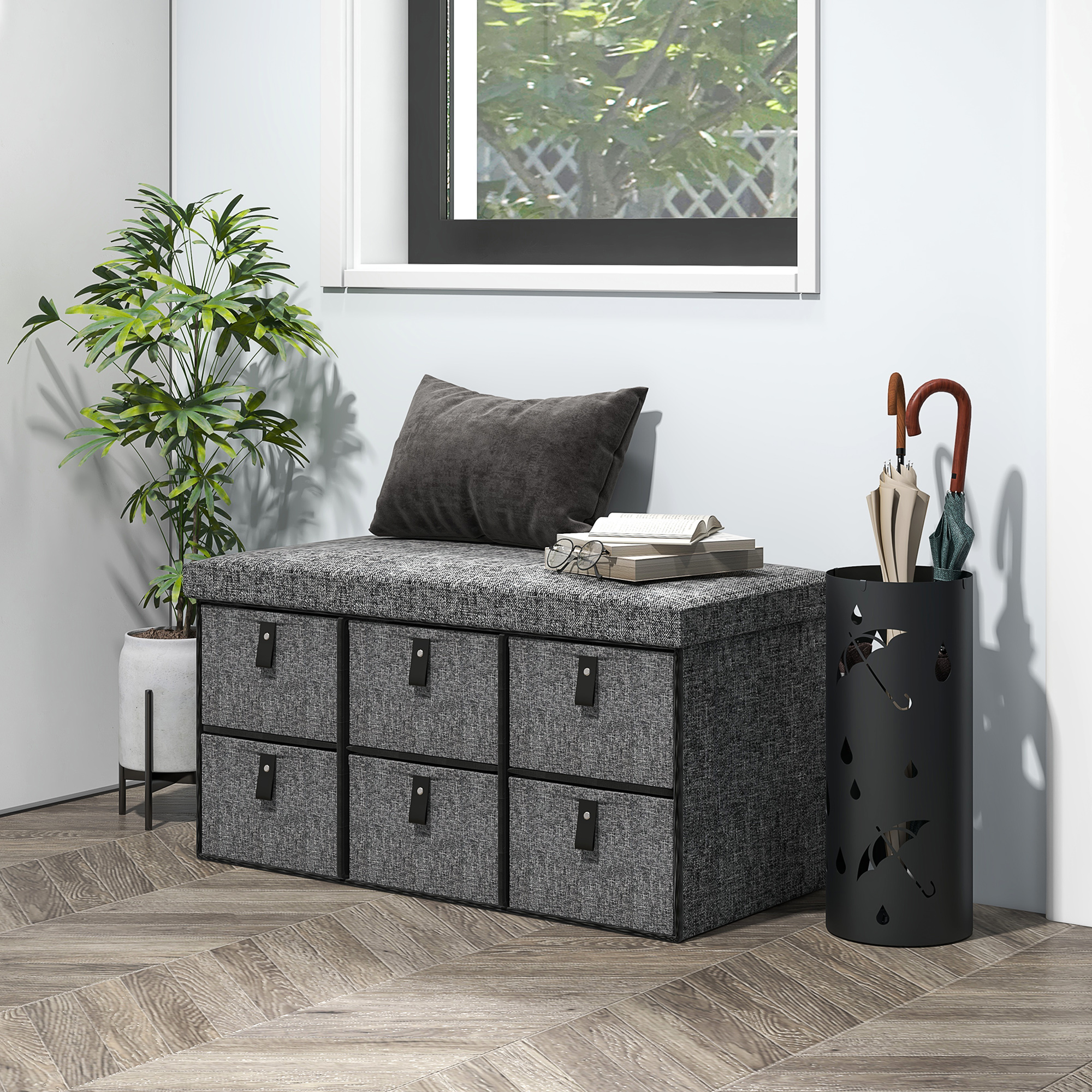 Gepolsterte Schuhbank, 6 Schuhfächer, MDF-Rahmen, Leinenoptik, Grau