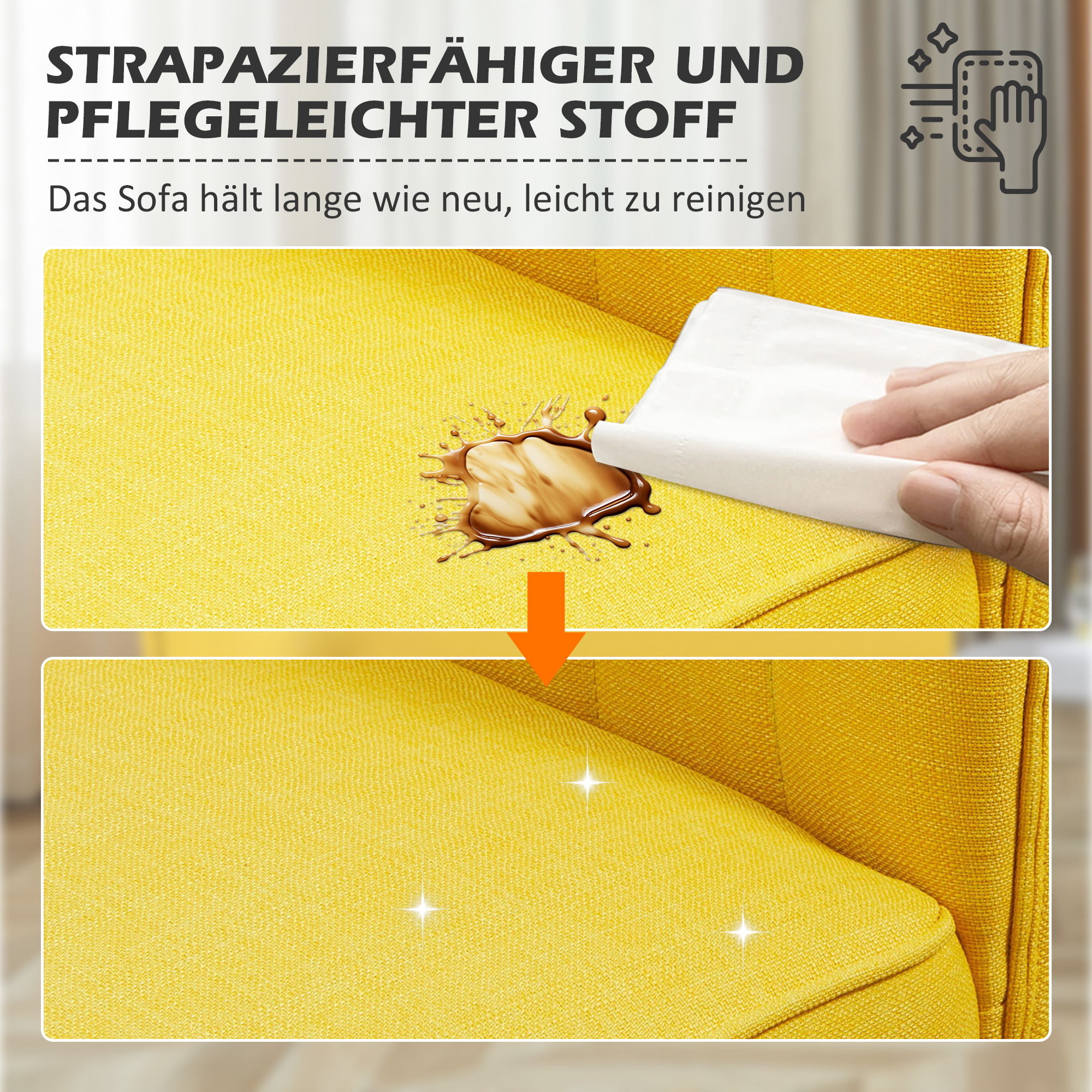 2-Sitzer Sofa, weiche Polsterung, pflegeleichter Bezug, bis 150 kg, 117 x 56,5 x 77 cm, Gelb