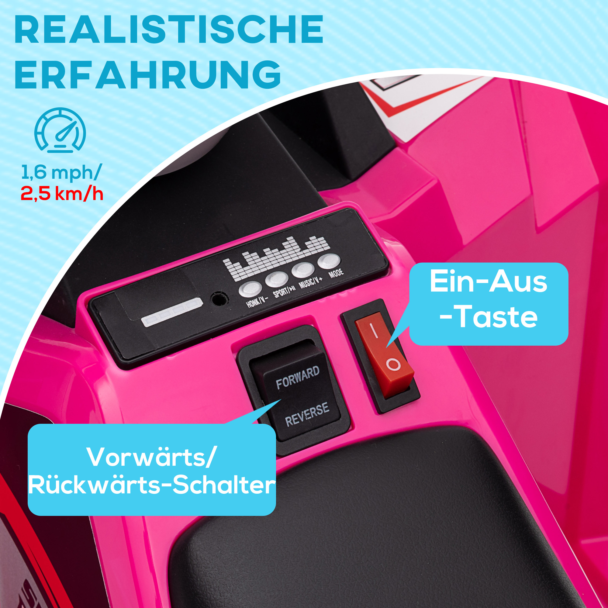 Elektro-Kinderquad, 2,5 km/h, Vorwärts- & Rückwärtsgang, für 18-36 Monate, Rosa