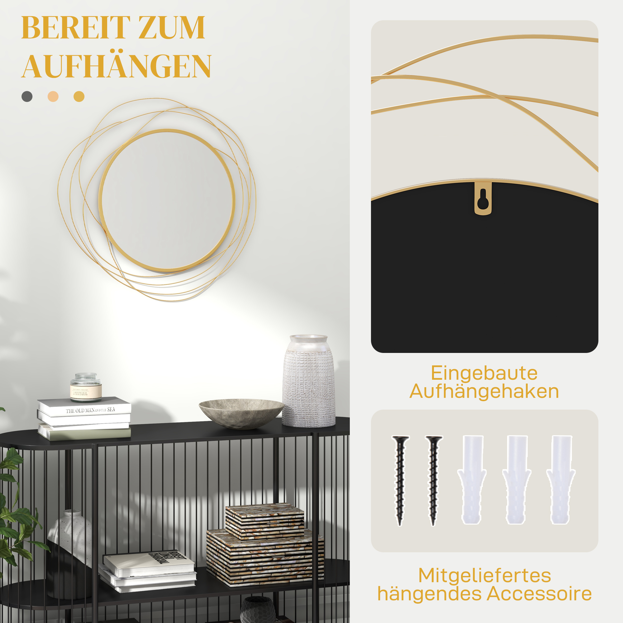 Wanddekoration, runder Wandspiegel, Metallrahmen, ?65 cm, Farbe: Gold