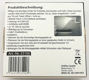 LED Schrankleuchte, 4er-Set / Batteriebetrieb, Drucksensor für Türen