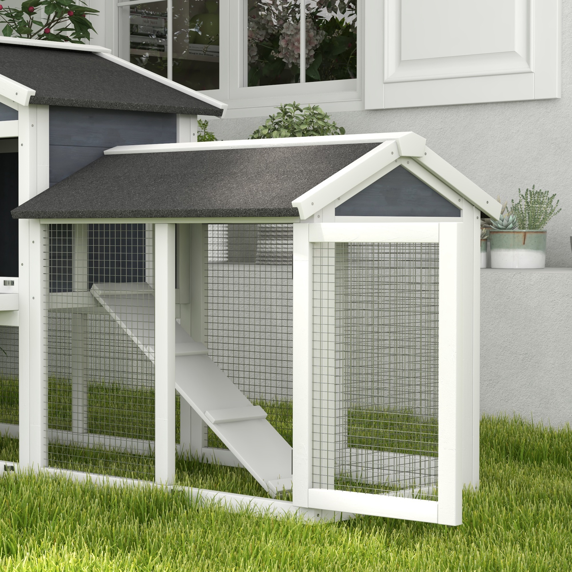 Kleintierstall mit Freilauf, Tannenholz, 147 x 54 x 84 cm, Grau
