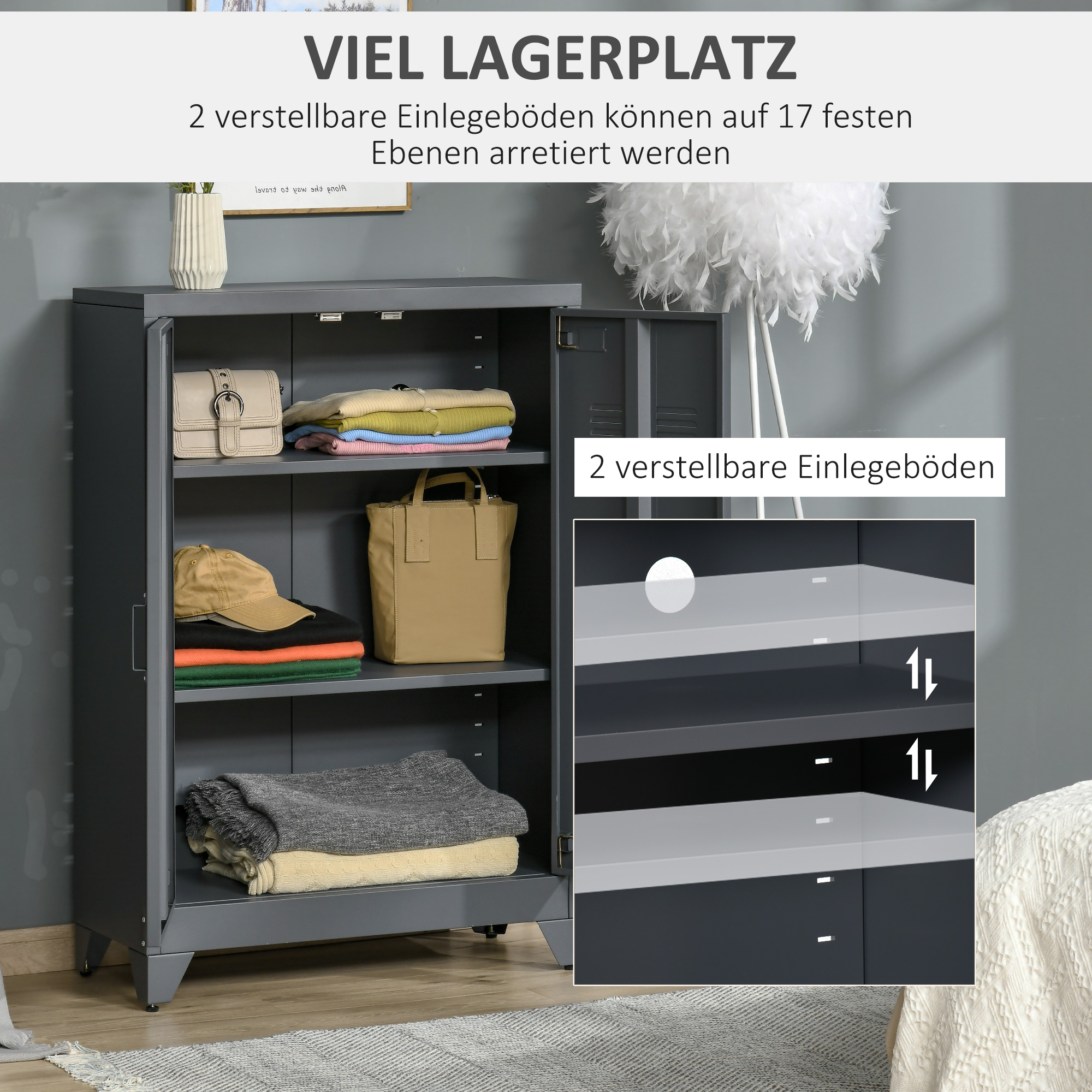 Aktenschrank mit Lamellentüren, Lagerschrank, Metallschrank mit 2 verstellbaren Einlegeböden, 75 x 33 x 110 cm, Grau