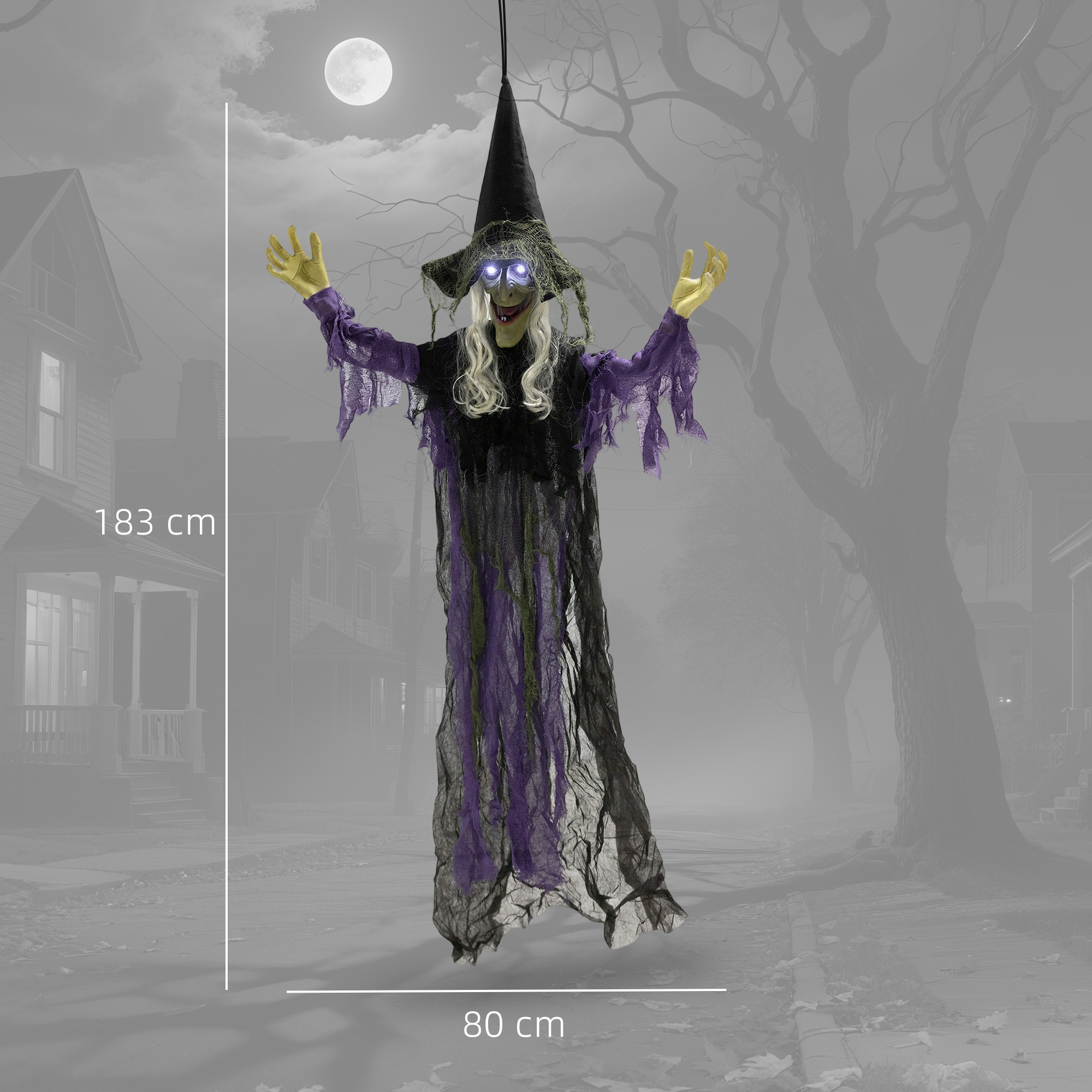 183cm Halloween Dekoration Hängende Halloween Hexe mit LED-Lichter, Soundfunktion verstellbare Arme, Mund
