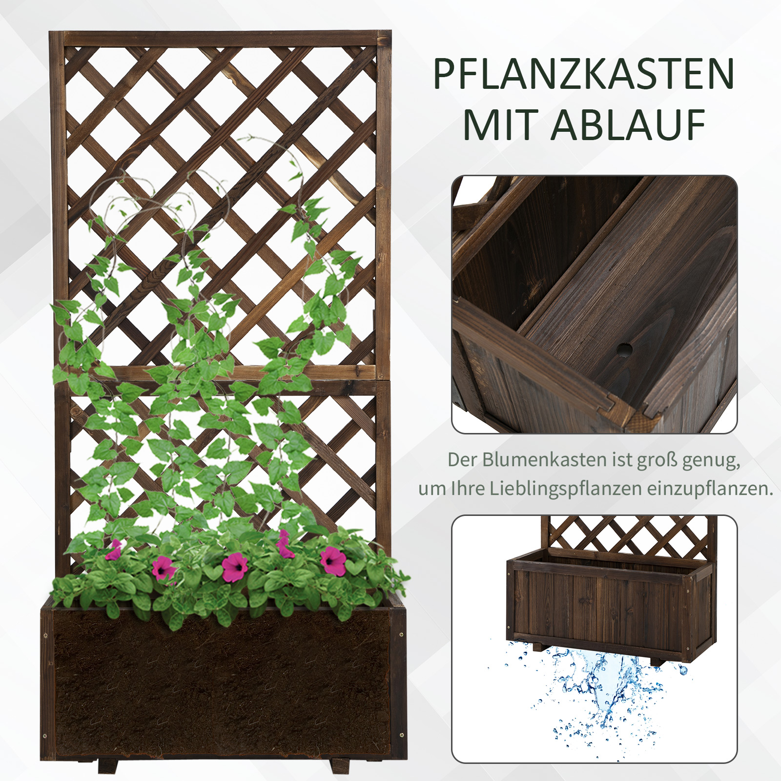Hochbeet Pflanzenkasten mit Rankgitter, Spalier Pflanzkübel, Blumenkasten Holz, 72,5x31,5x149,5cm für Garten Balkon Terasse, Blumenkübel für Kletterpflanzen, Blumen, Braun