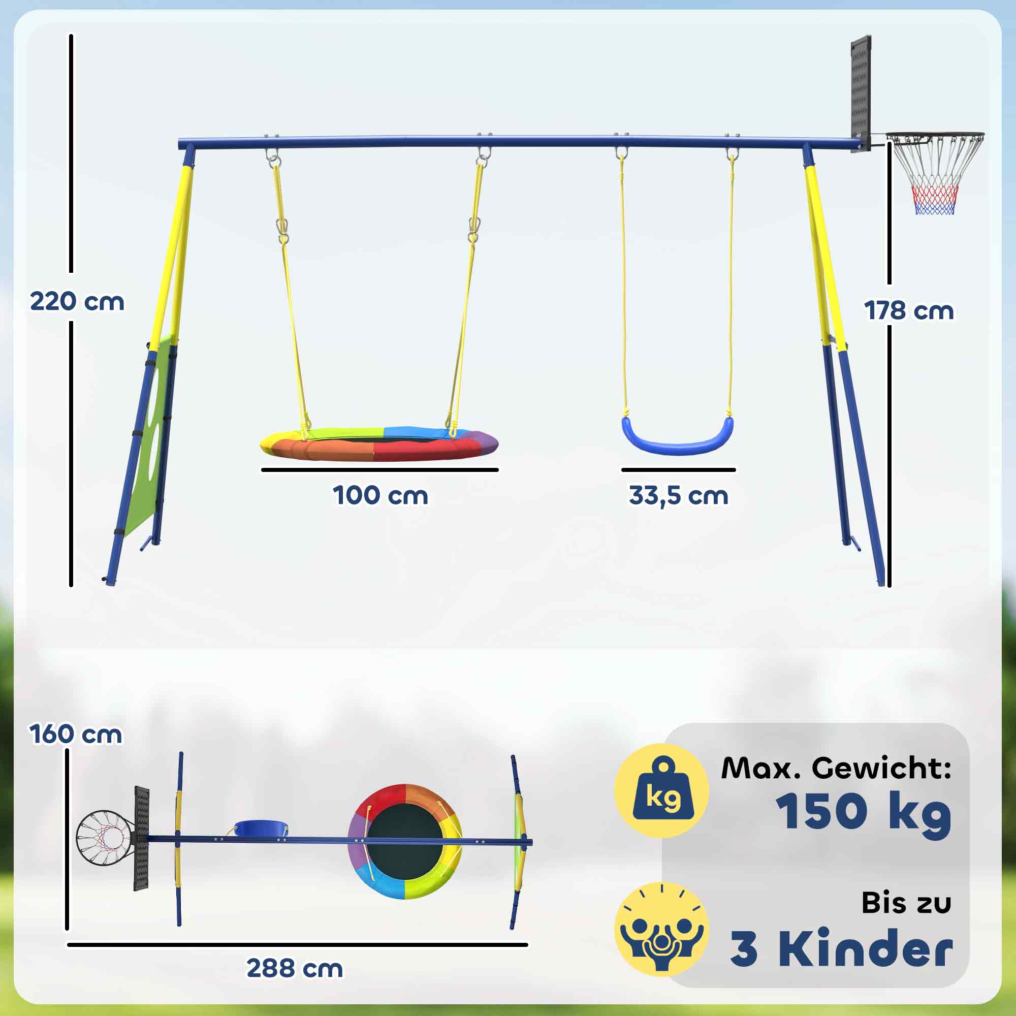 Schaukelgestell 4-in-1 Schaukel-Set bis 150 kg mit Nestschaukel Basketballkorb Fußballtor U-Schaukel 288 x 160 x 220 cm