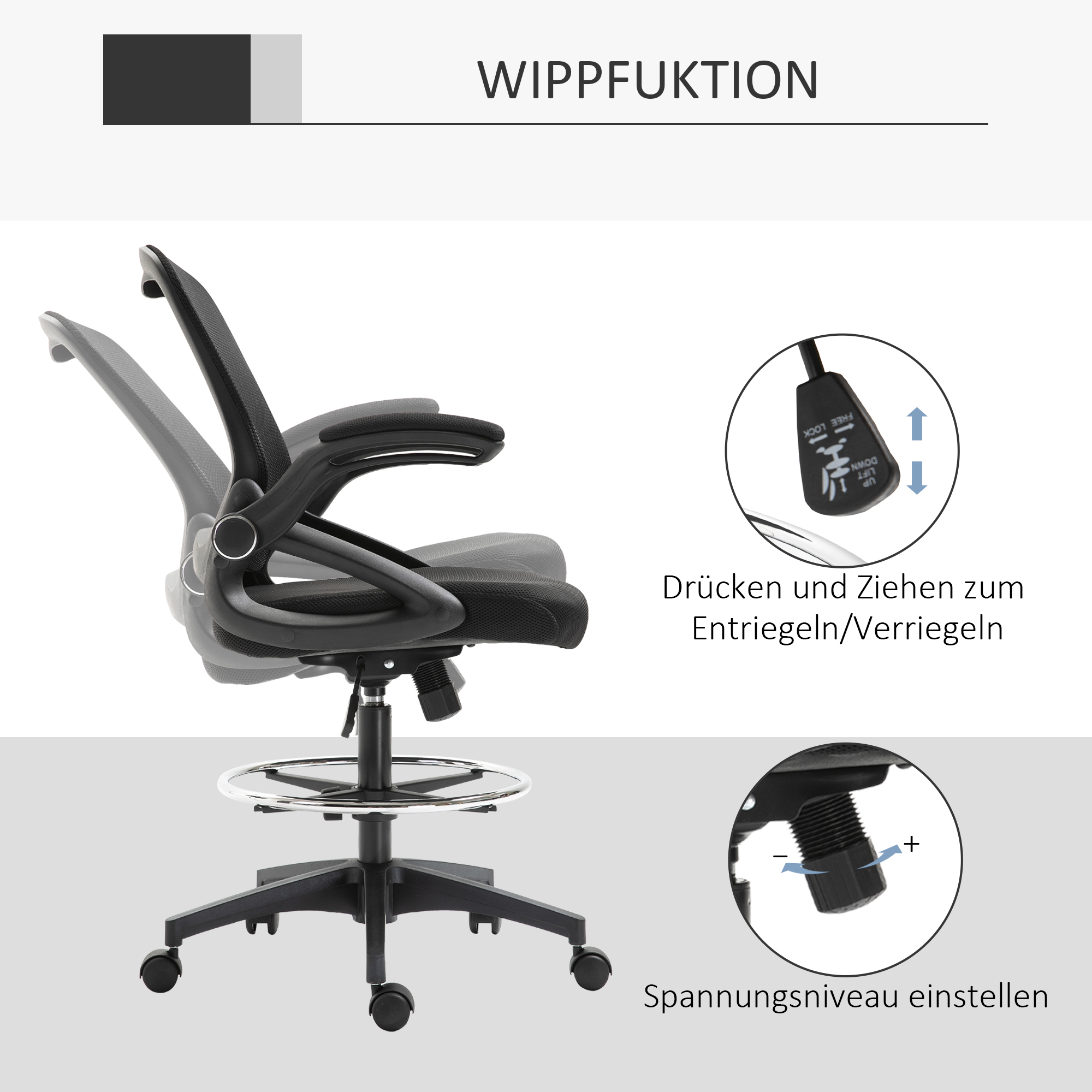Bürosessel, Schreibtischstuhl, Stehfunktion, mit Fußablage, drehbarer Sitz, Stahl, schwarz, 64 x 60 x 106-126cm