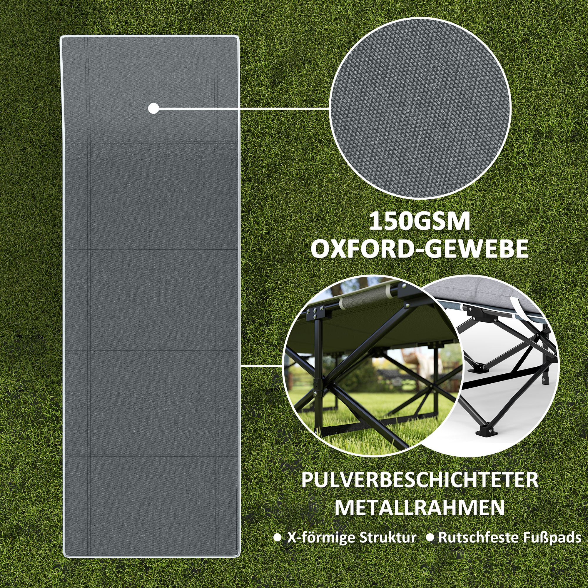 Feldbett faltbar Campingbett mit Matratze Kopfkissen Seitentasche 185 x 68 x 37 cm bis 150 kg Hellgrau