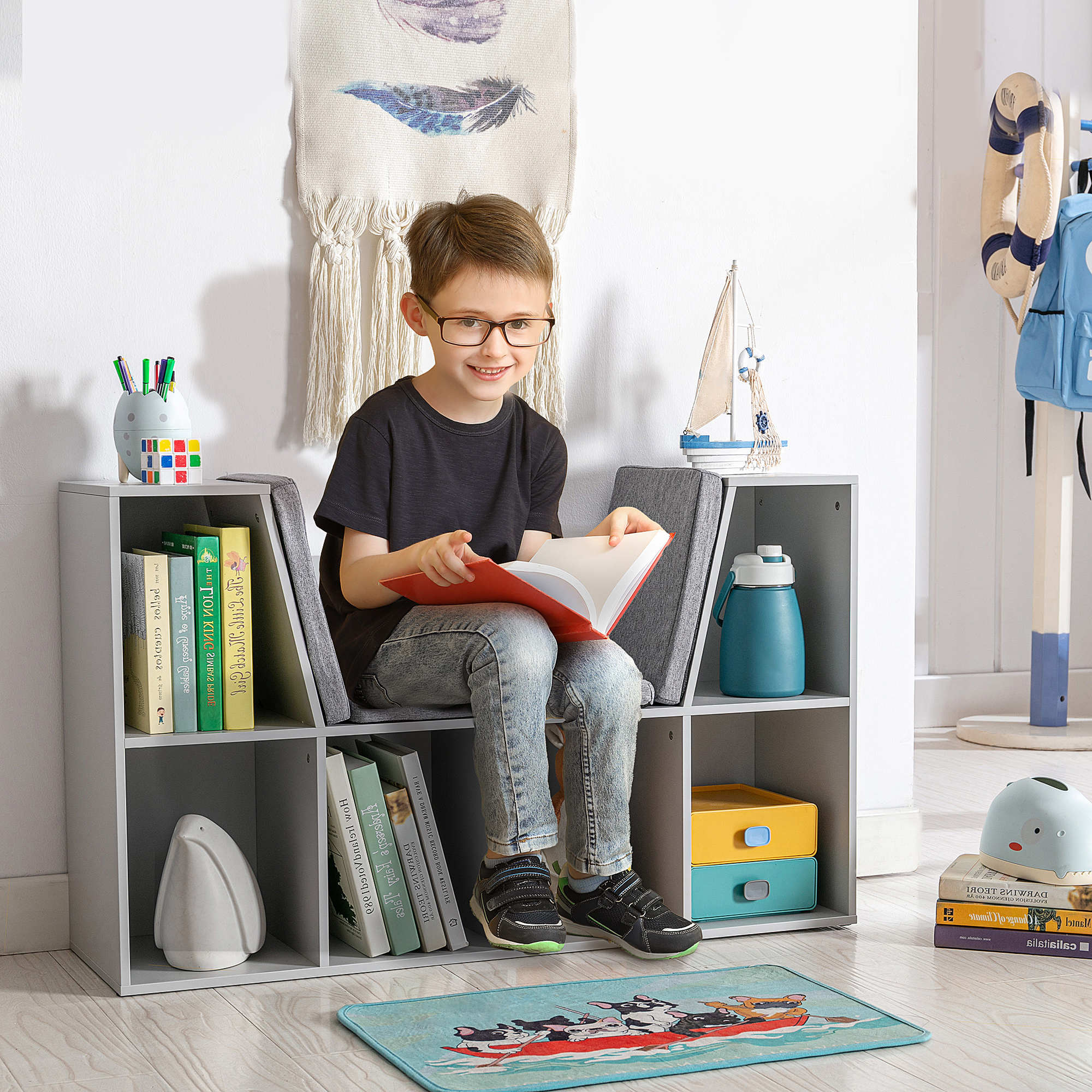 2-in-1 Kinderregal Regal + Sitzbank inkl. Polster 103 cm × 30 cm × 62 cm Weiß + Grau