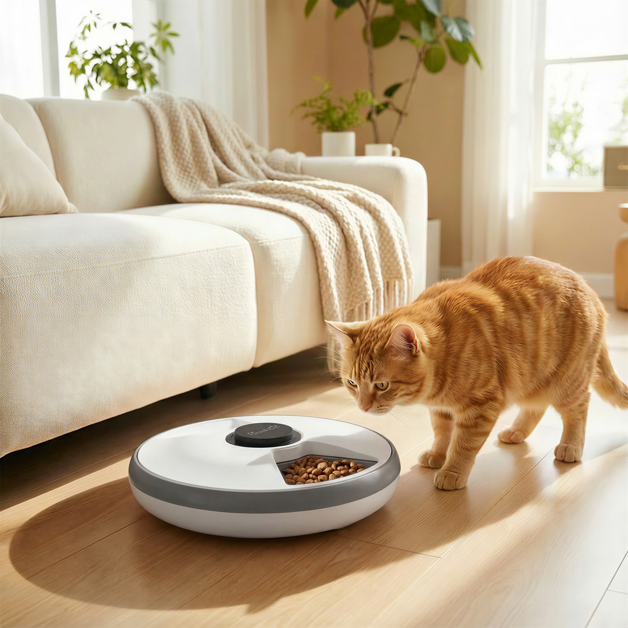 Futterautomat, automatischer kabelloser Futterspender mit Timer bis zu 6 Mahlzeiten, LED-Display, Kühlakku Grau