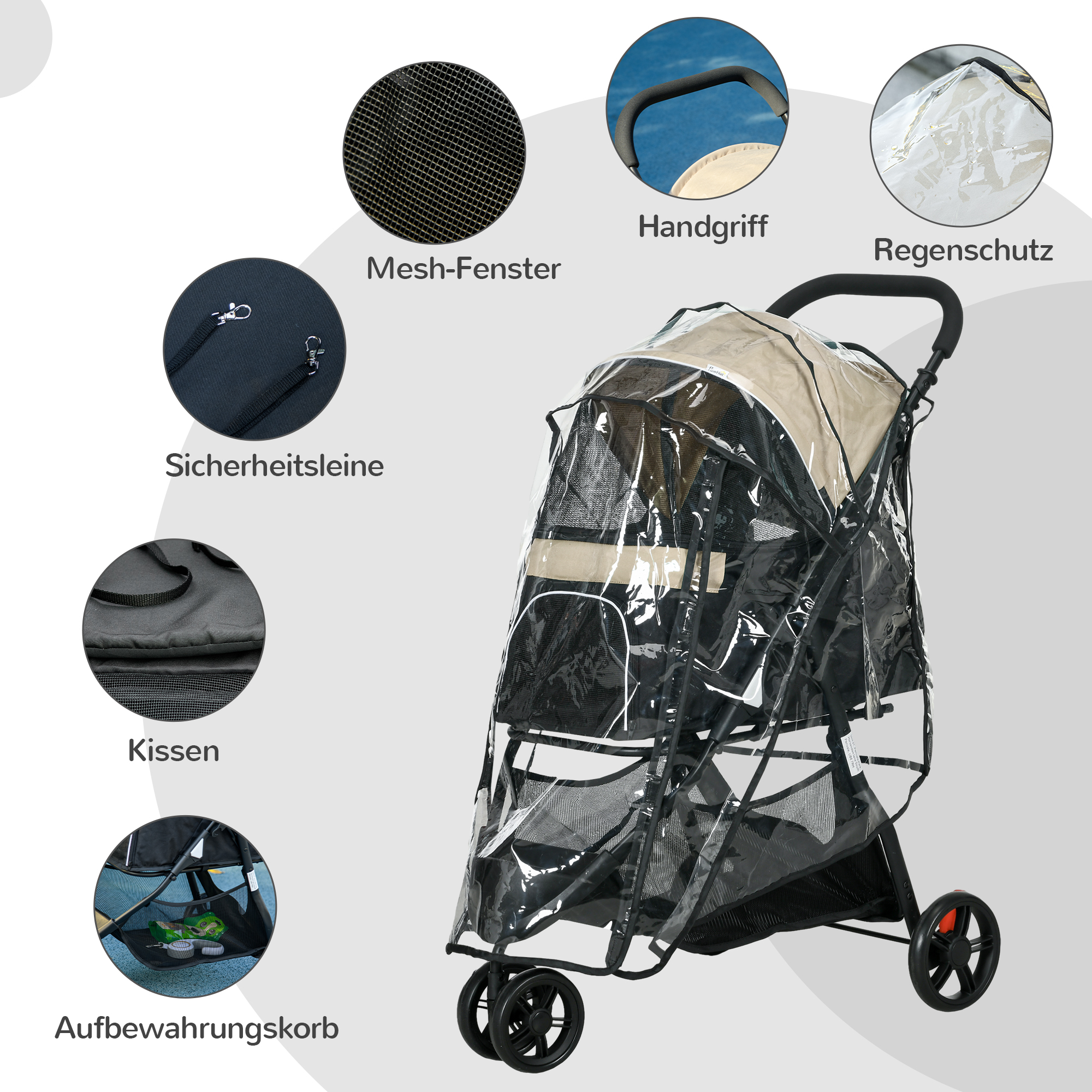 Haustierbuggy Hundebuggy, klappbar, mit Regenschutz, 2 Getränkehalter, Blau +  Khaki