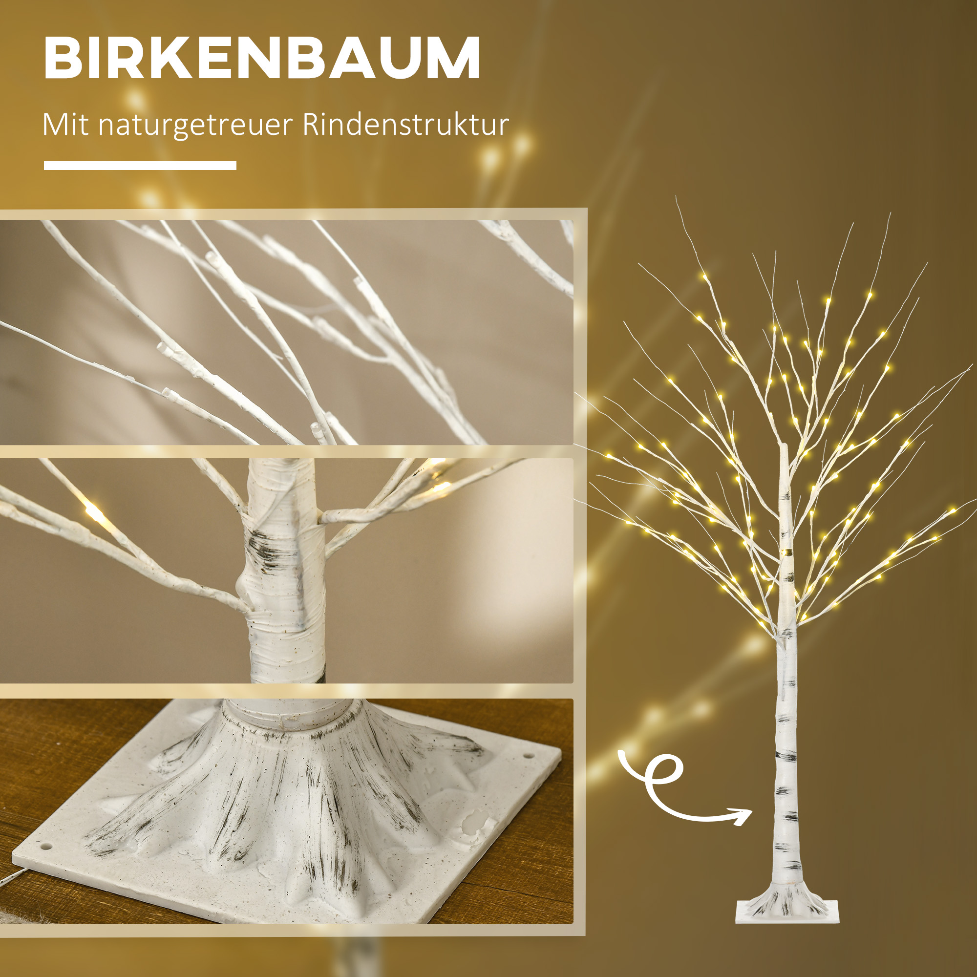 Künstliche Birke mit LEDs, biegsame Äste, Kunststoff und Metall, 150 cm, Weiß