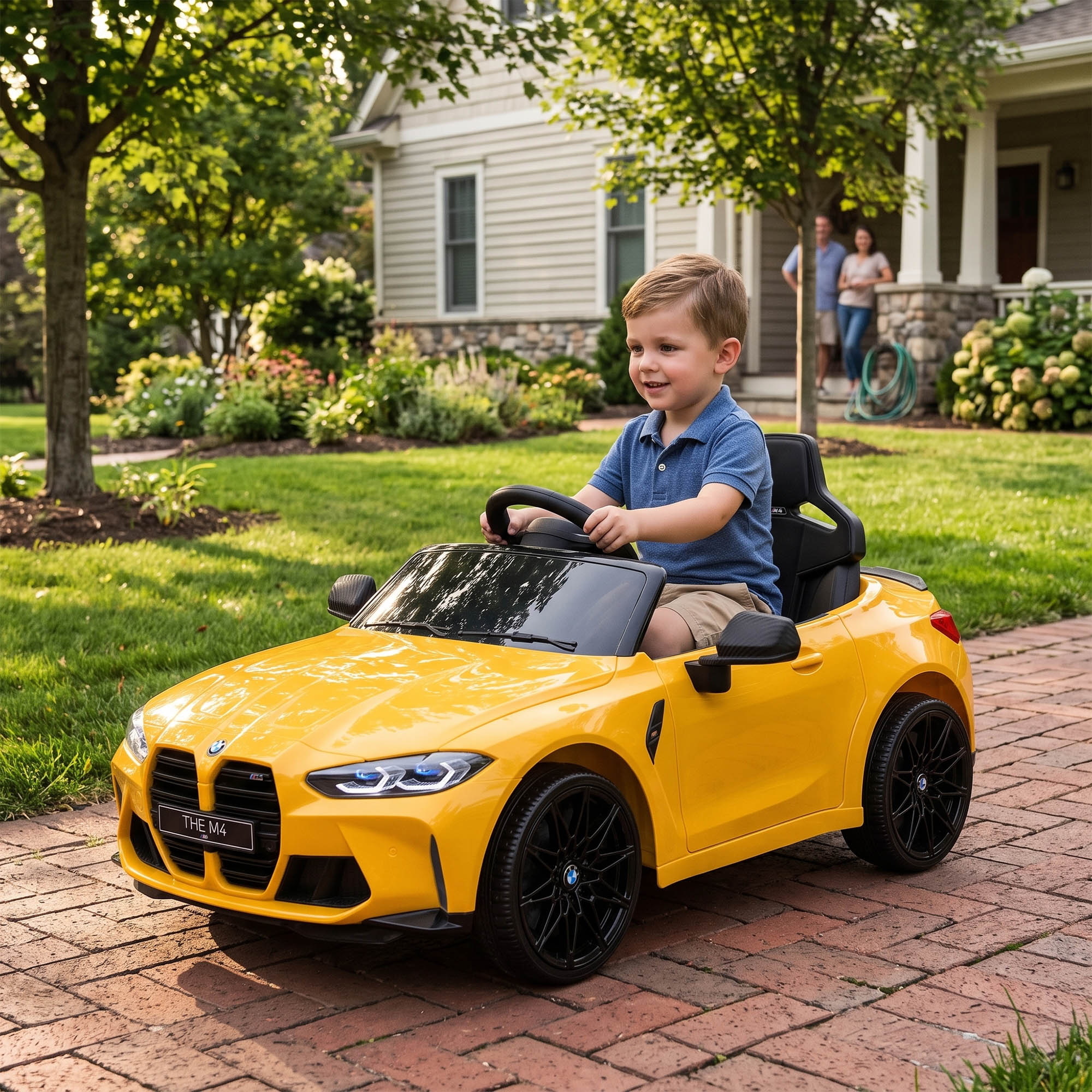 Elektro Kinderauto BMW M4, Sound & Licht, 3-5 km/h, inkl. Fernsteuerung, für 3-5 Jahre, Gelb