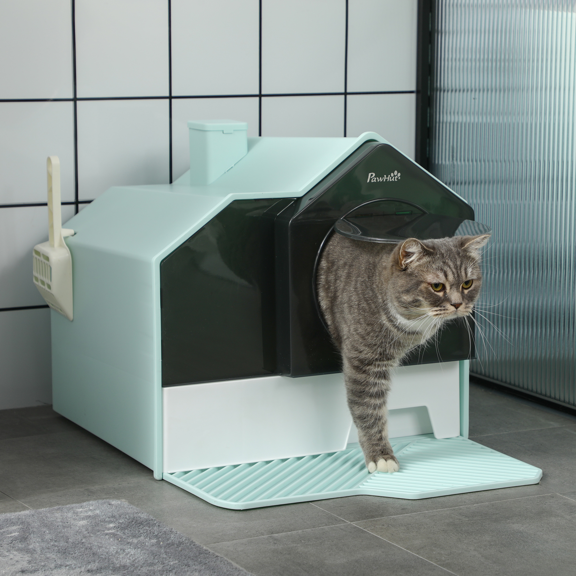 Katzentoilette Katzenklo, Hütten-Design, 1 Siebvorleger, 1 Streuschaufel, herausnehmbare Bodenwanne, Grün + Weiß