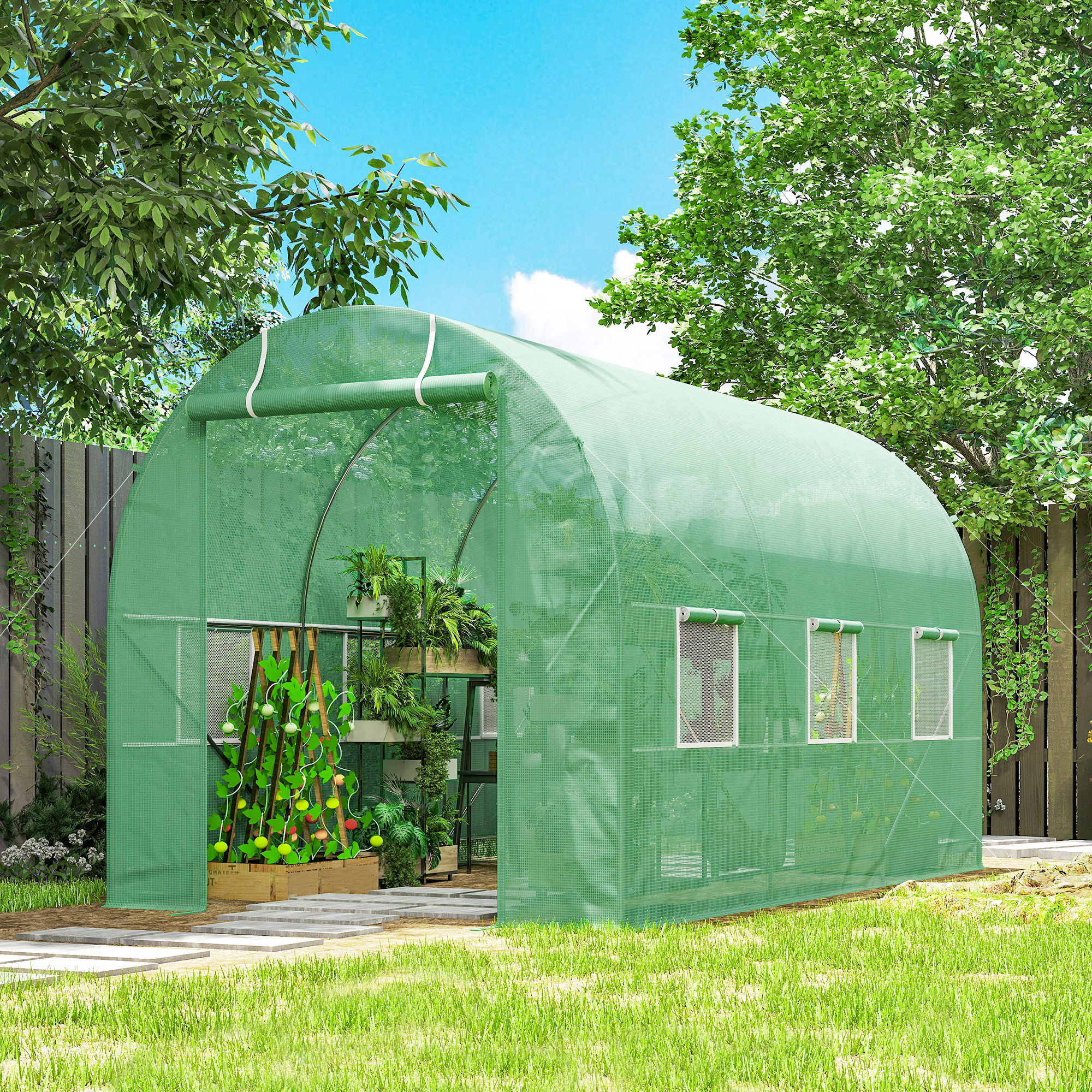 Gewächshaus 350x200x200cm Foliengewächshaus Tomatenhaus mit Tür, 6 Fenster, Folientunnel aus verzinktem Stahl, PE, stabiles Treibhaus Pflanztunnel, inkl. Erdanker & Seilen, Grün
