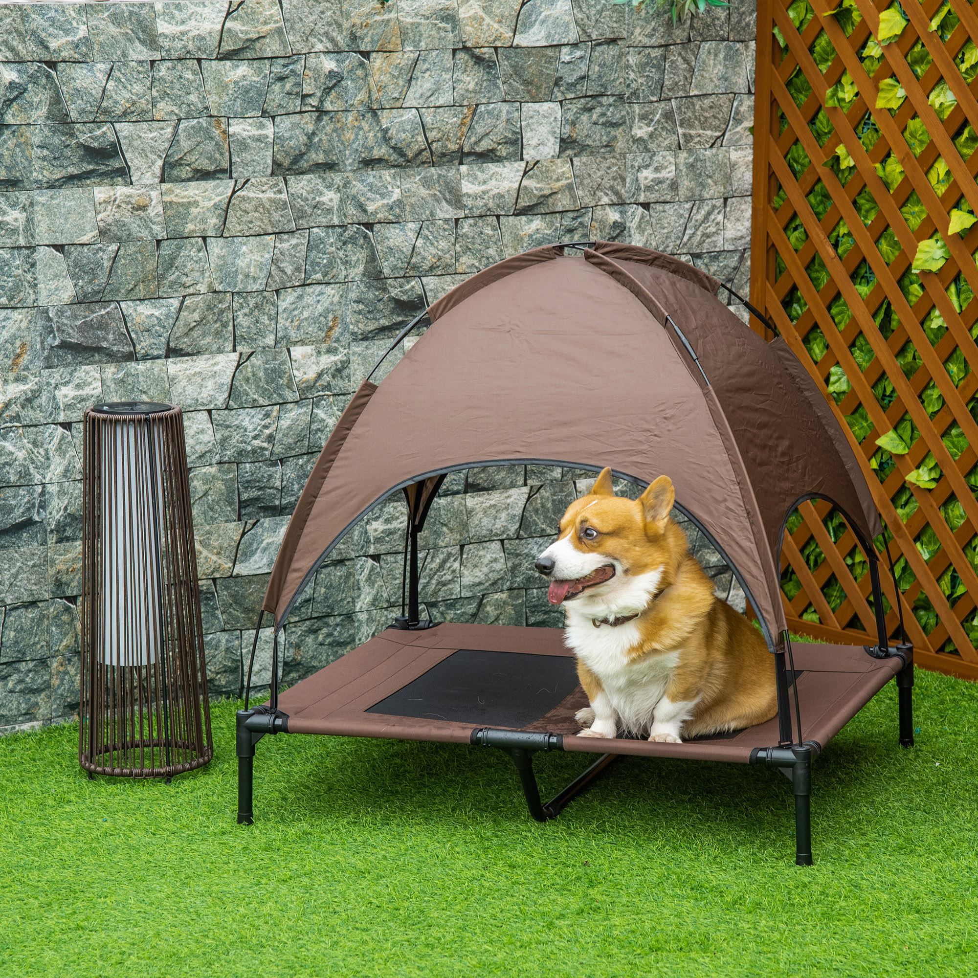 erhöhtes Hundebett mit Baldachin, Haustierbett, Hundeliege outdoor mit Dach, Atmungsaktiv, Taftstoff für Camping Kaffee 92 x 76 x 90 cm