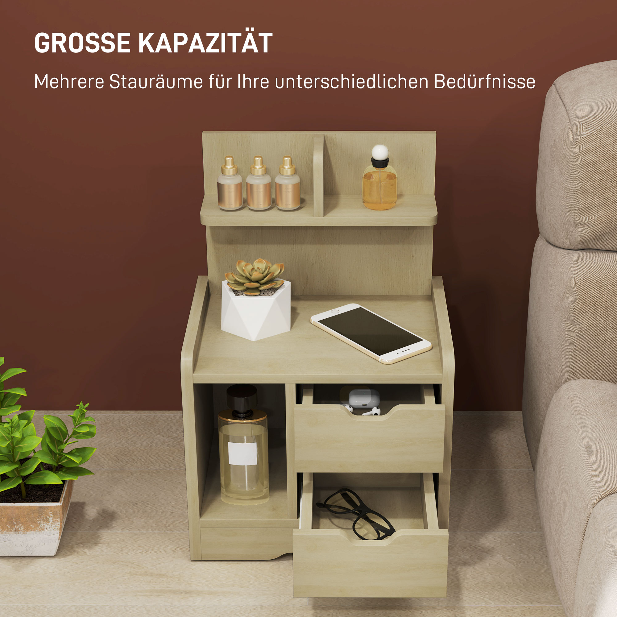Nachttisch mit 2 Schubladen, offener Ablage, 40x30x60 cm, Holzdekor