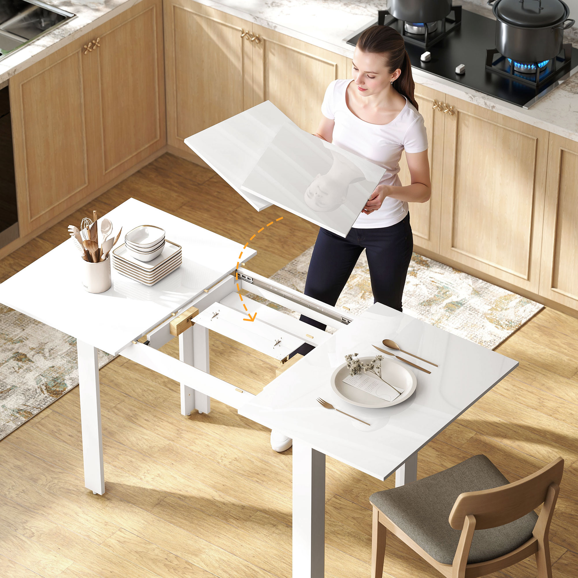 ausziehbarer Esstisch, 120-160 x 70 cm, verstellbarer Küchentisch für 4-6 Personen, MDF, Hochglanzweiß