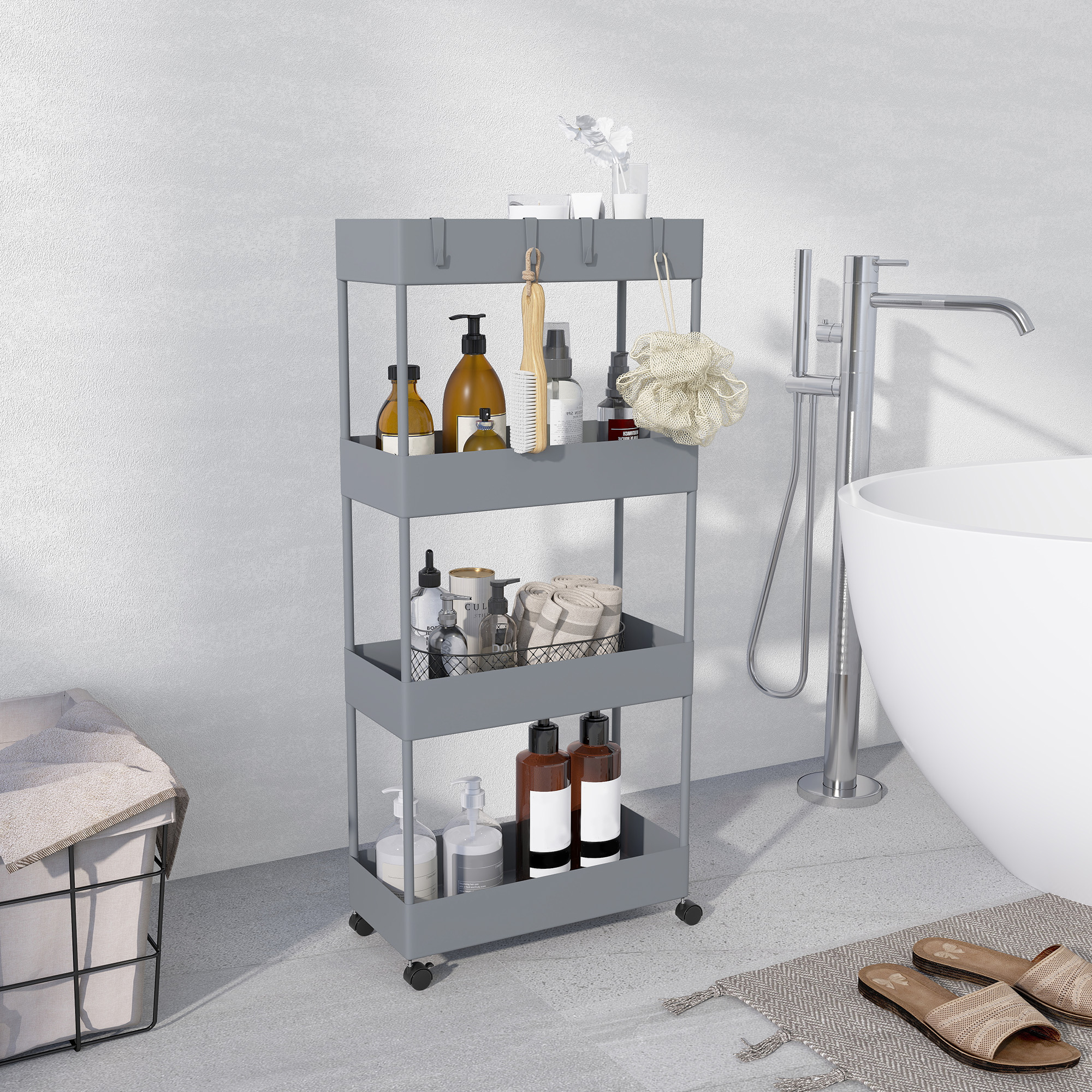 Küchenwagen mit 4 Regalen, 4 flexiblen Haken, 4 Rollen, 40 cm x 19 cm x 90 cm, Nischenwagen, Grau