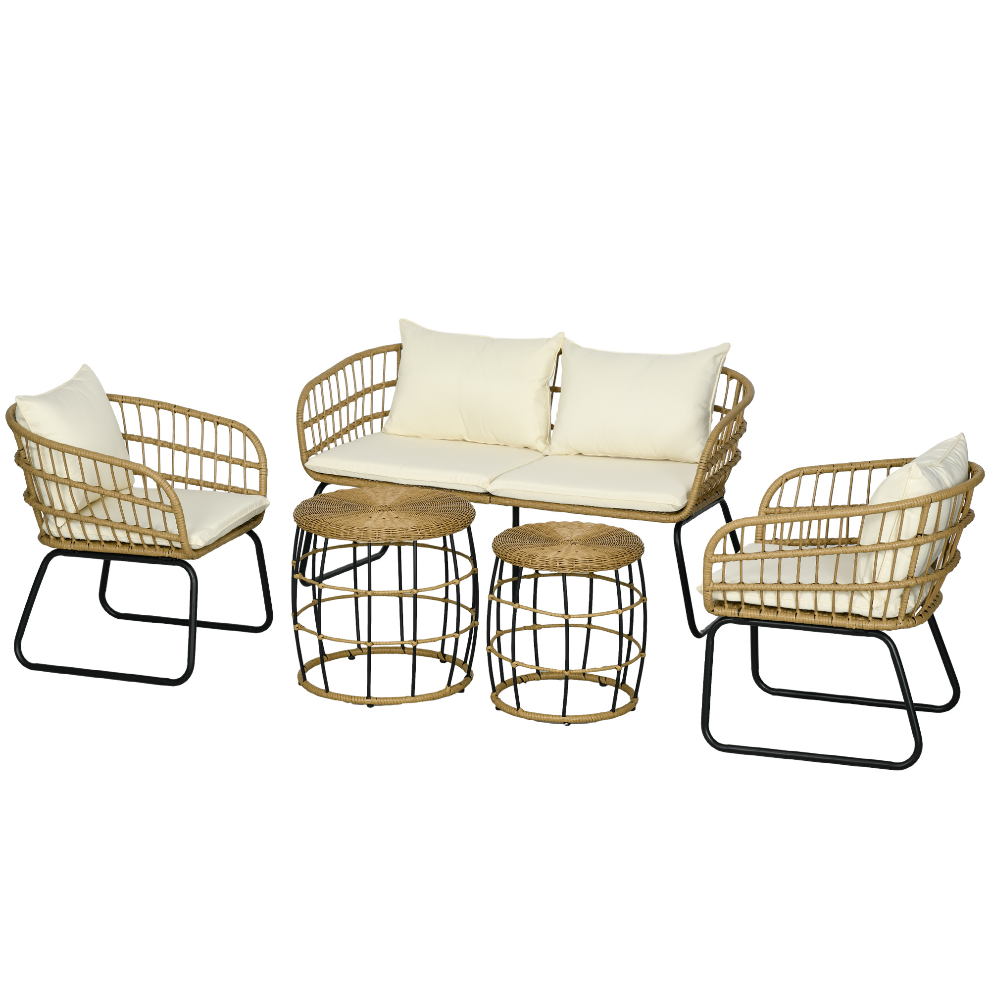 Rattansitzgruppe Lounge-Set Outdoor-Sitzgruppe, Boho-Stil, 5-teilges Set, 145 x 70 x 78 cm, Creme + Natur + Schwarz