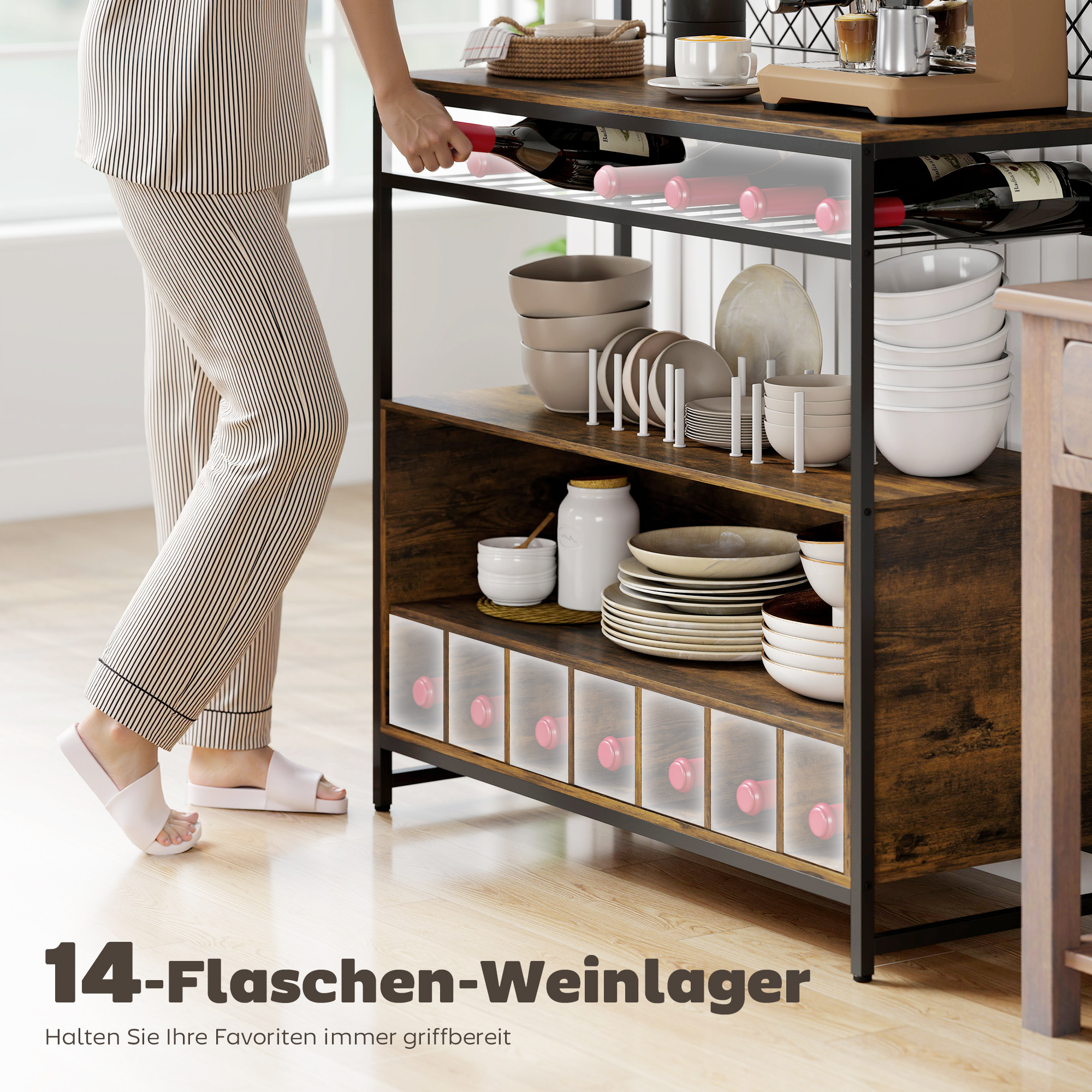 Küchenregal mit Arbeitsfläche, Metallgitterpaneele, 5 Haken, Küchenschrank für Gewürze, Töpfe, Pfannen, Braun