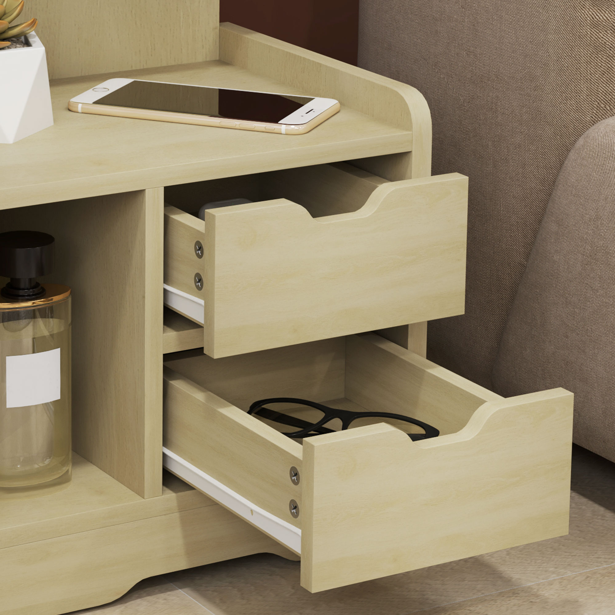 Nachttisch mit 2 Schubladen, offener Ablage, 40x30x60 cm, Holzdekor