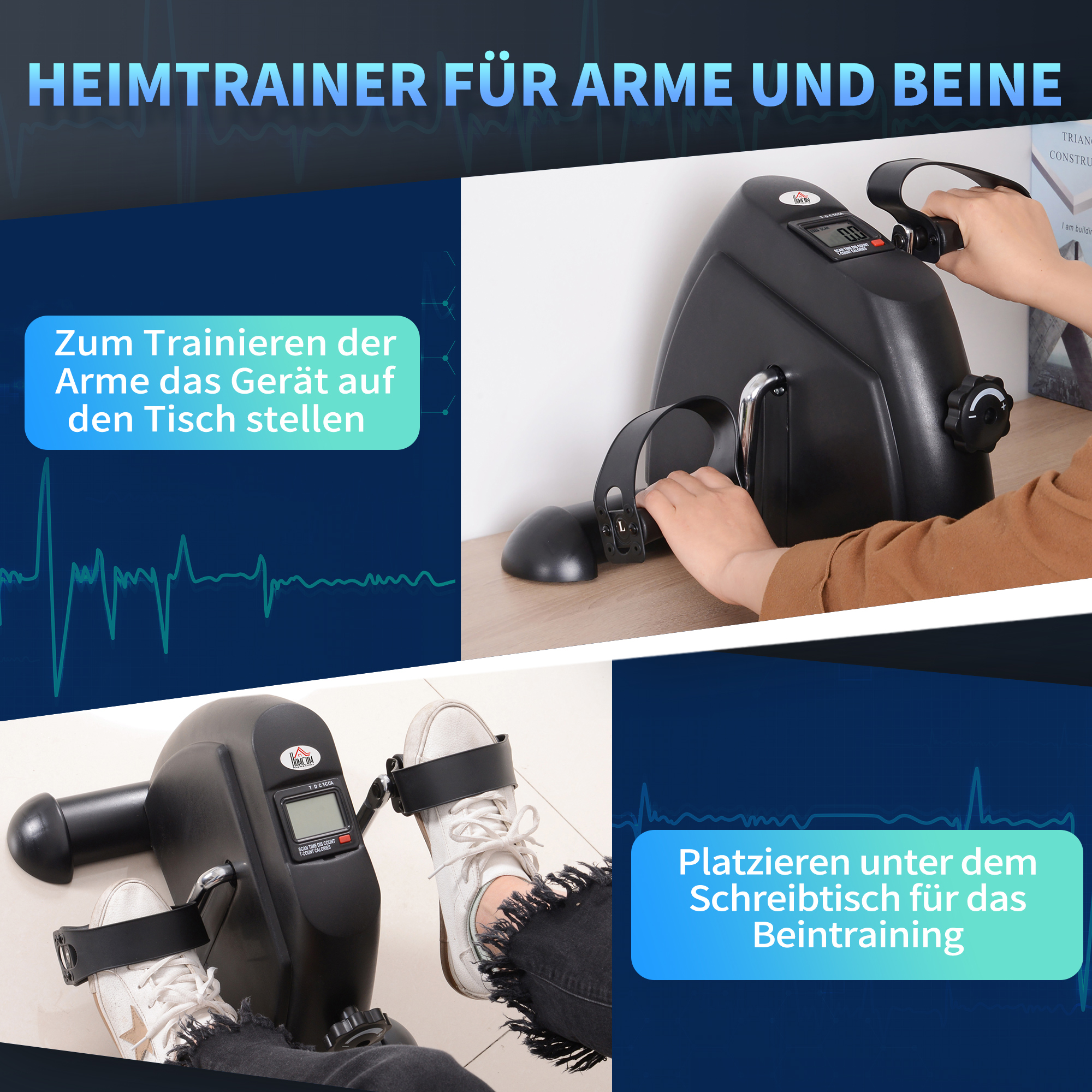 Mini Heimtrainer Arm-und Beintrainer Pedaltrainer für Senioren mit LCD-Display verstellbarer Widerstand Fitnessbike Hometrainer für Zuhause Heim Büro 35 x 40 x 31 cm Schwarz
