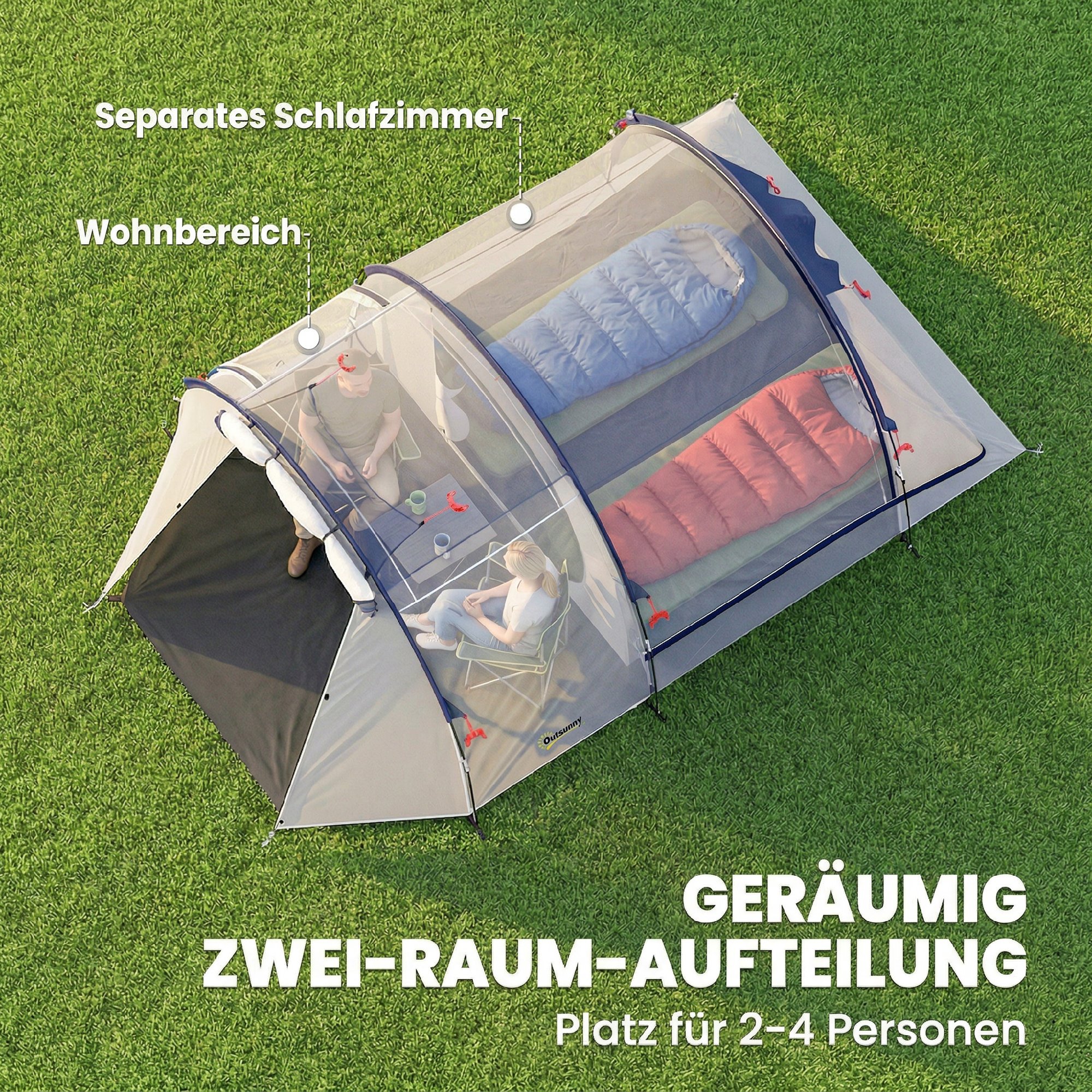 Tunnelzelt 4 Personen Familienzelt mit Schlaf- und Wohnzimmer Fenstern Bodenplane Stehhöhe 3000 mm Wassersäule