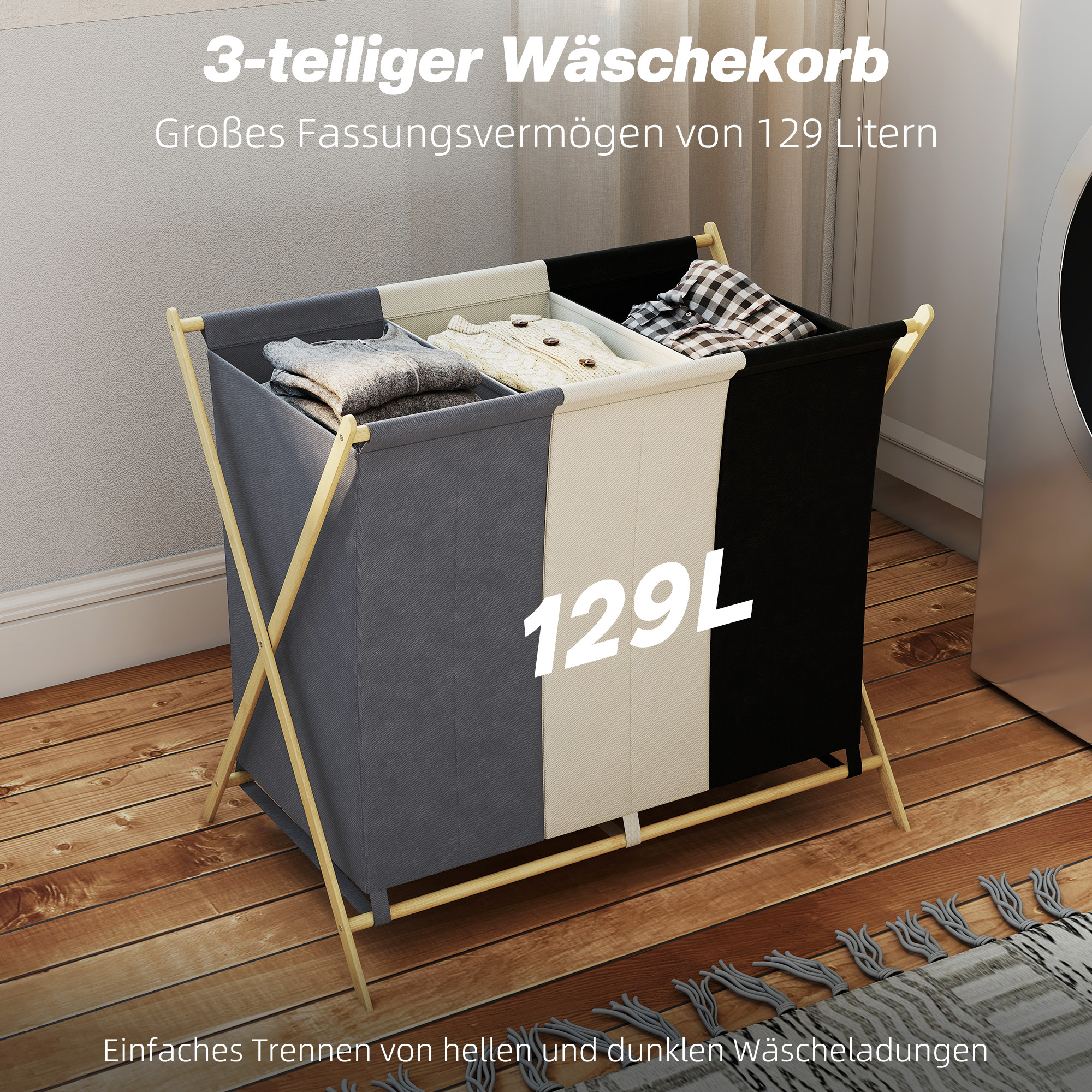 Wäschekorb mit 3 Fächern 129L Klappbar Wäschesammler für Waschküche Schlafzimmer Mehrfarbig