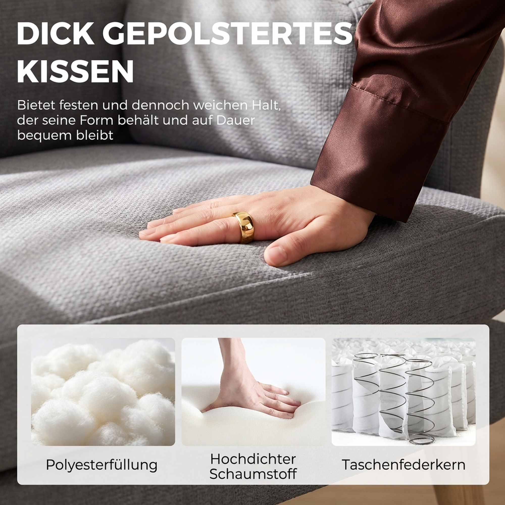 Polstersessel mit Taschenfederkern Armlehnstuhl mit Massivholzbeinen in Dunkelgrau