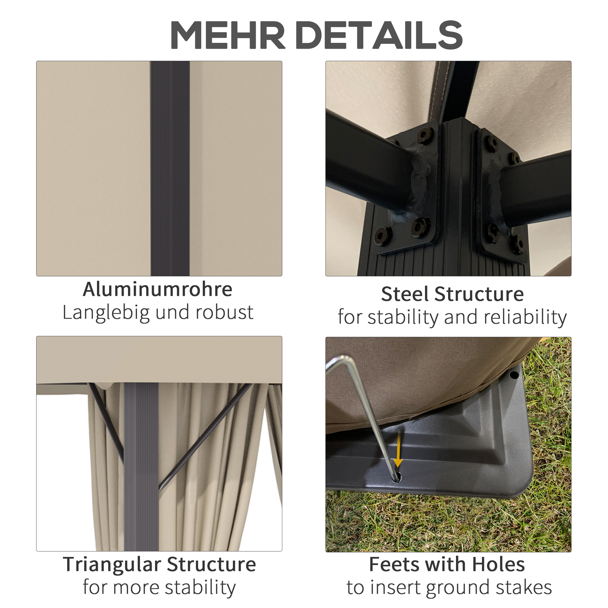 Gartenpavillon Pavillon 3 x 3 m Gartenzelt Dach mit Belüftungslöcher Festzelt Partyzelt mit 4 x Seitenteile wetterfest Aluminium Polyester khaki