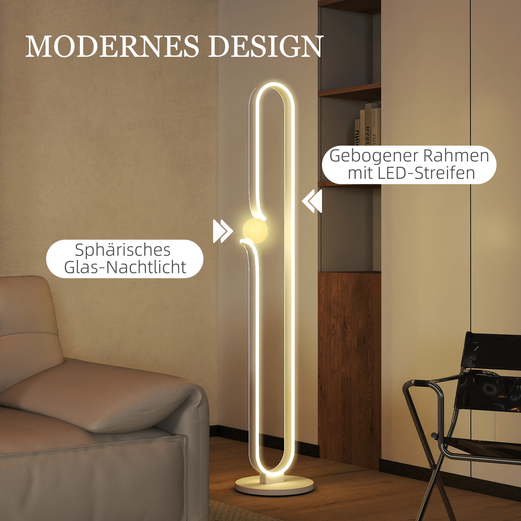 LED-Bodenlampe, Musiknoten-Design, Glasschirm, Metall, Kunststoff, Weiß