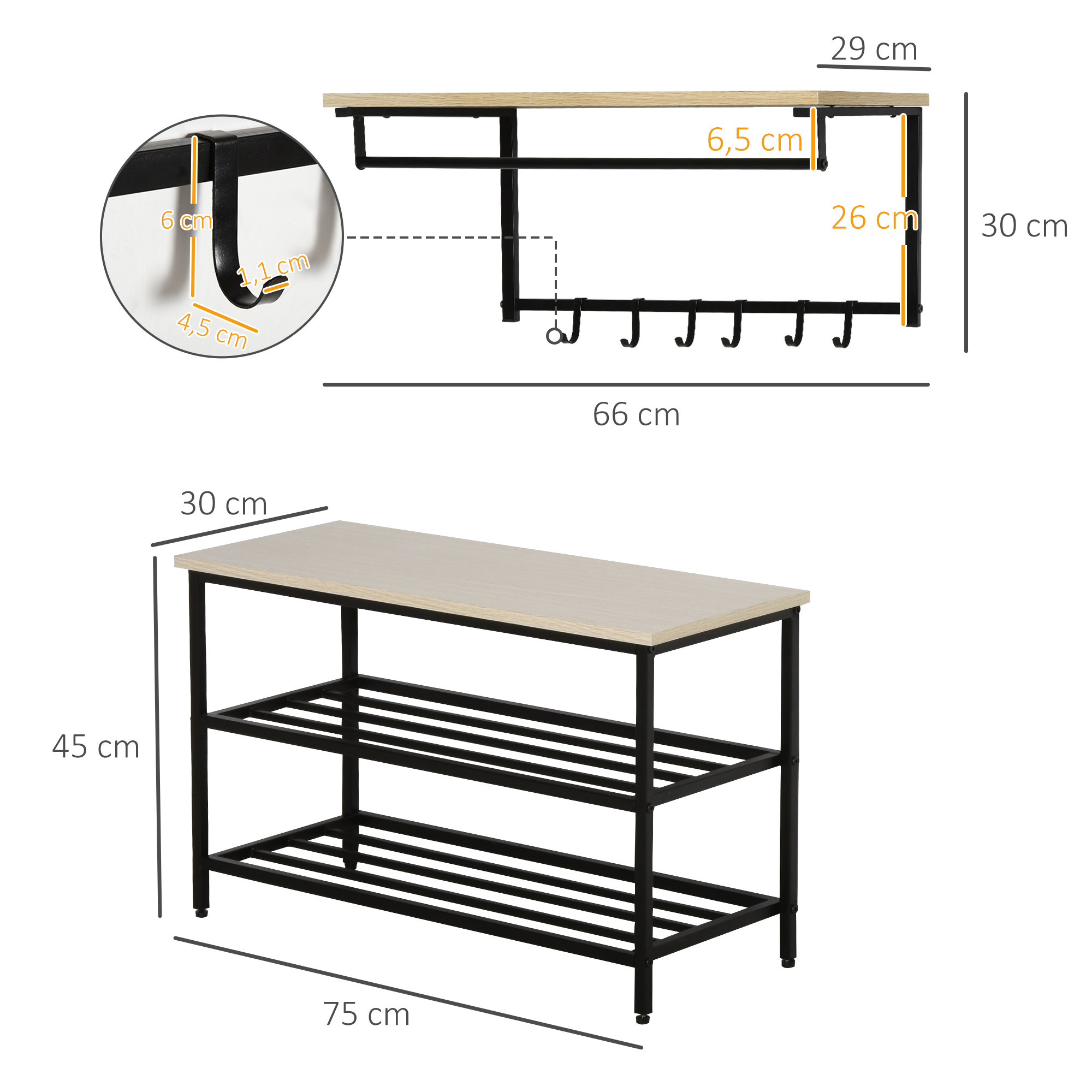 2-in-1 Garderobenset Flurgaderobe mit Sitzbank Wandgarderobe für Eingangsbereich, 6 Haken, Natur+Schwarz, 75 x 30 x 45 cm(Sitzbank)