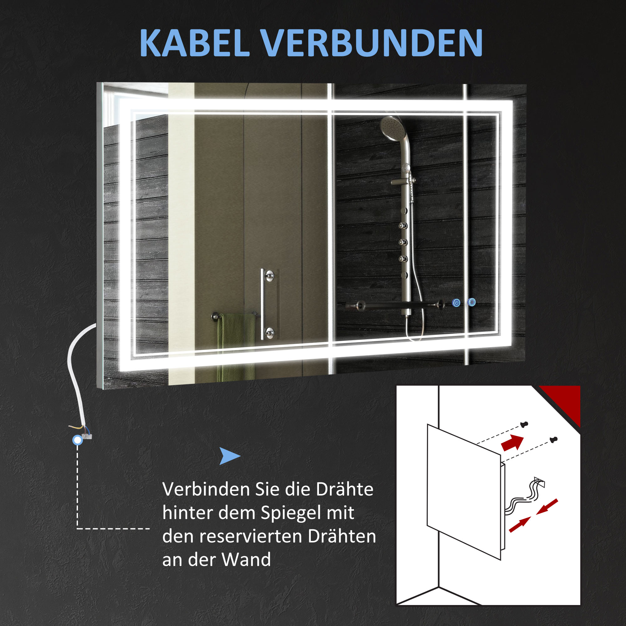 Badezimmerspiegel mit LED-Beleuchtung, Memoryfunktion, Berührungsschalter, Spritzwassergeschützt, Silber