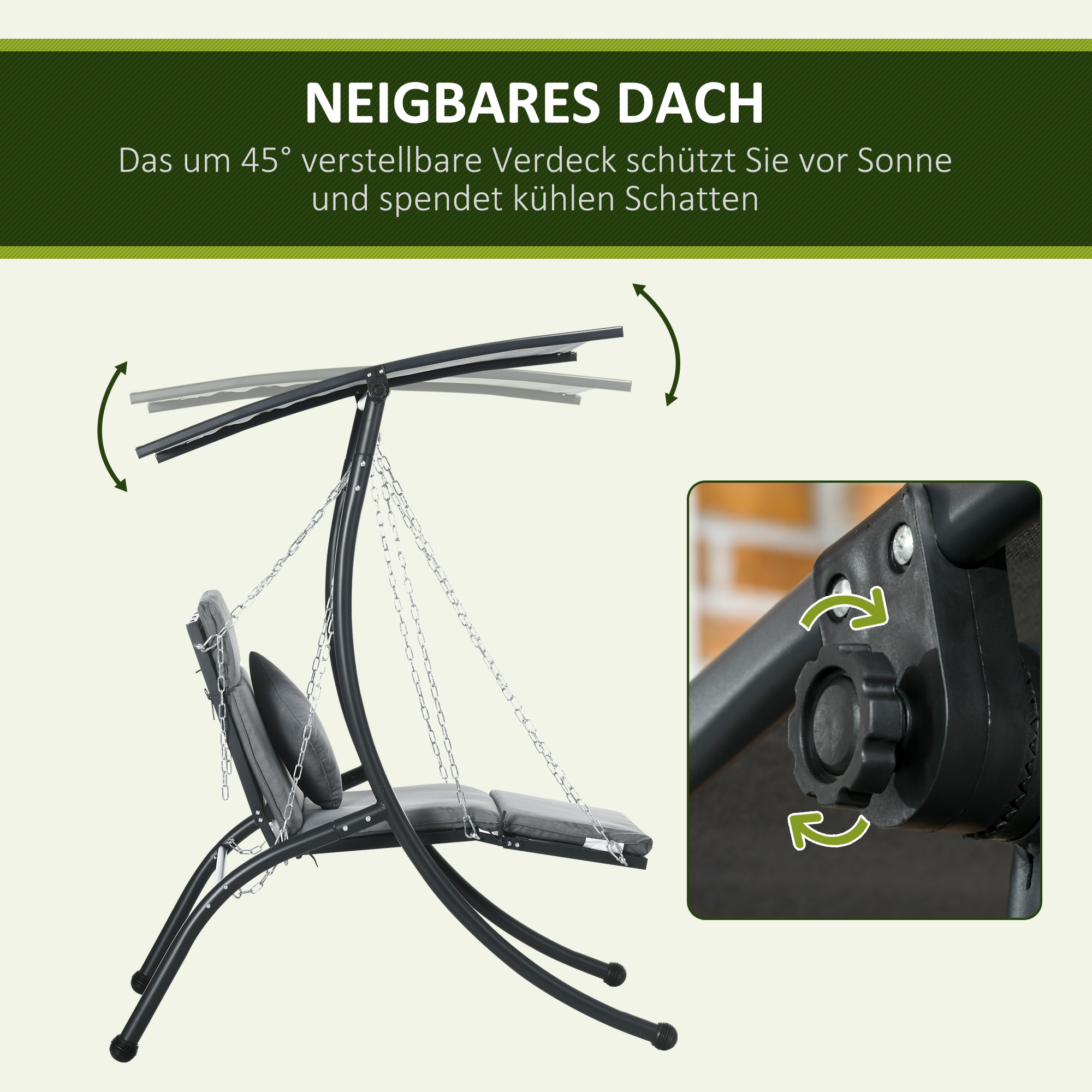 Hängeliege, neigbares Dach, inkl. Sitzauflage, Kopfkissen, Stahlrahmen, dunkelgrau, 108 x 145 x 169 cm