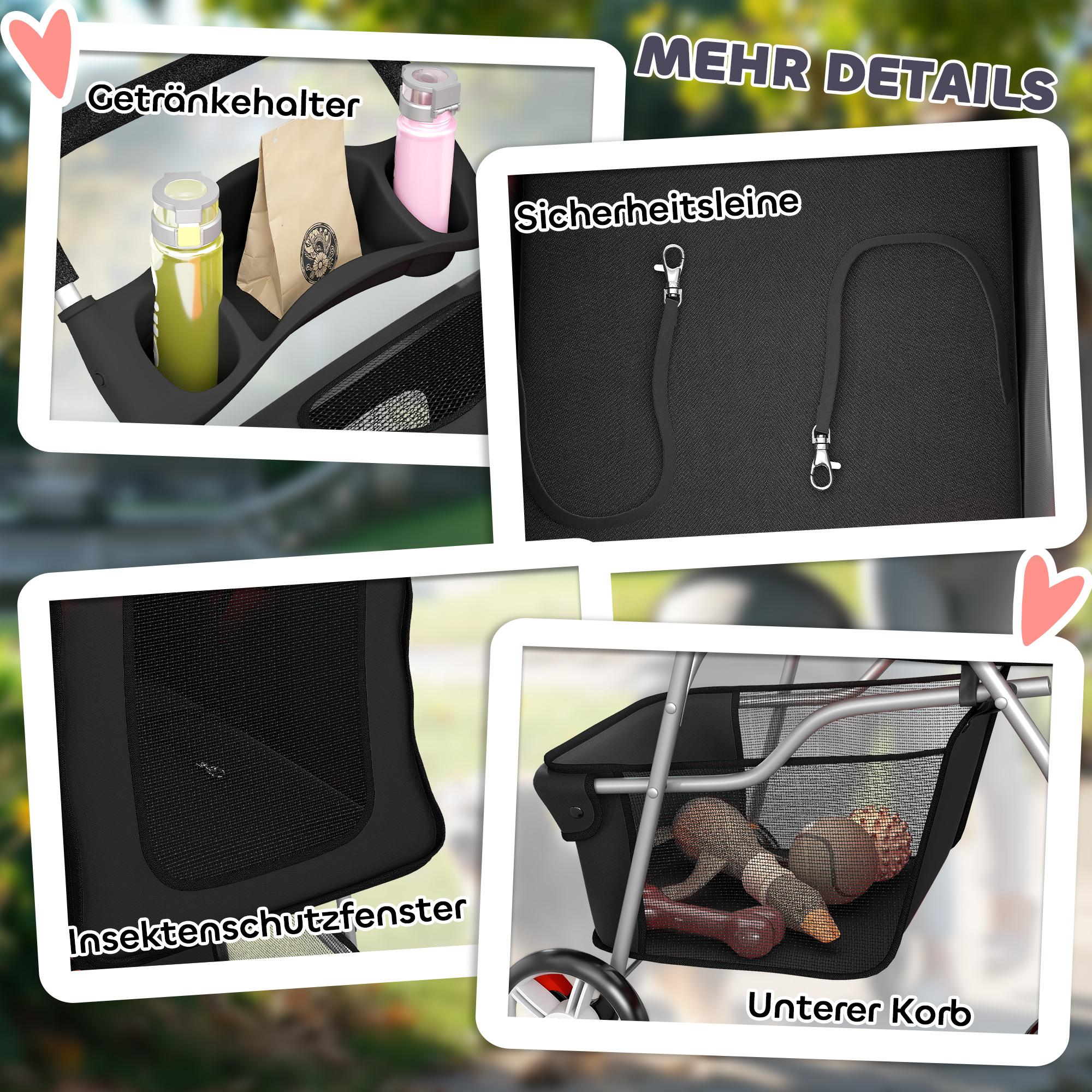 Hundewagen Faltbar Hundebuggy mit Reflektorstreif Aufbewahrungskorb Kissen für kleine Hunde bis 10 kg 77x44x102 cm Schwarz