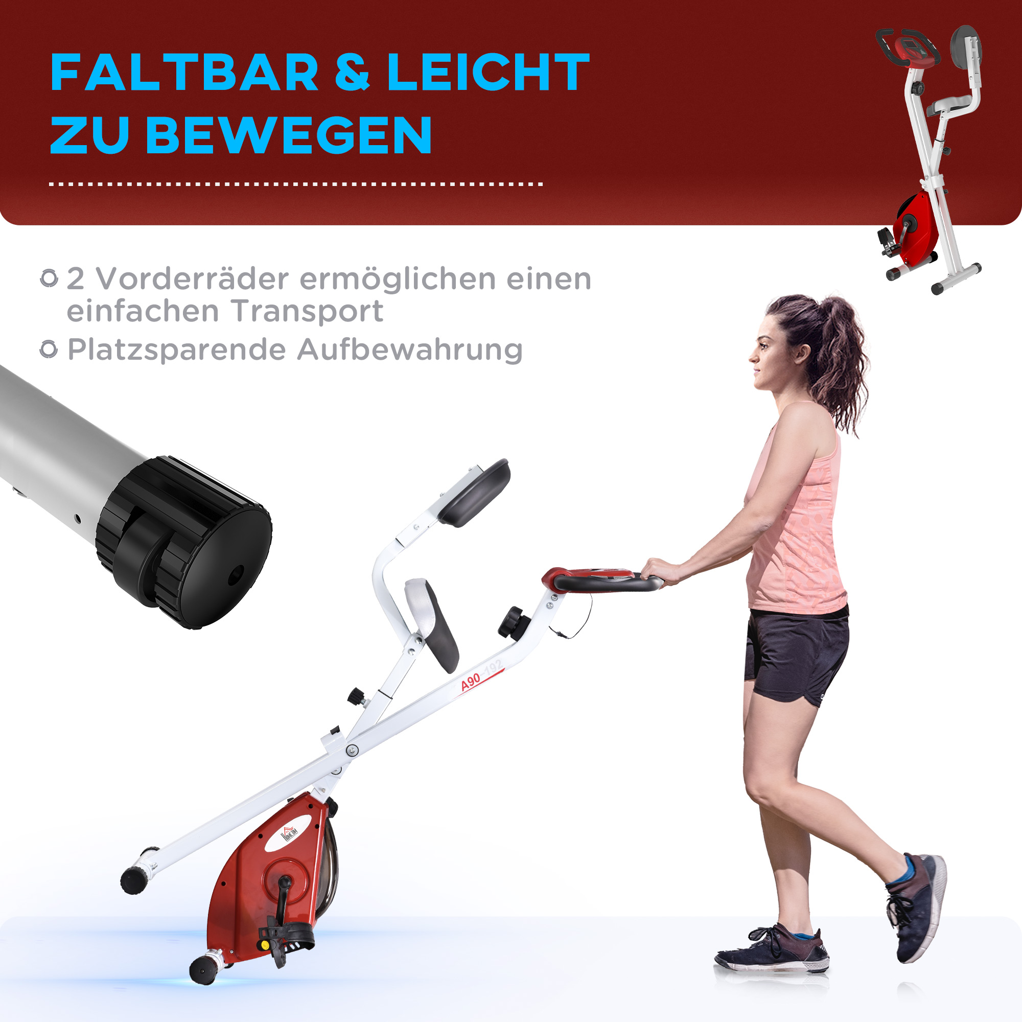 Heimtrainer mit Magnetwiderstand, 8-Stufen, höhenverstellbar, LCD-Display, Rot + Weiß