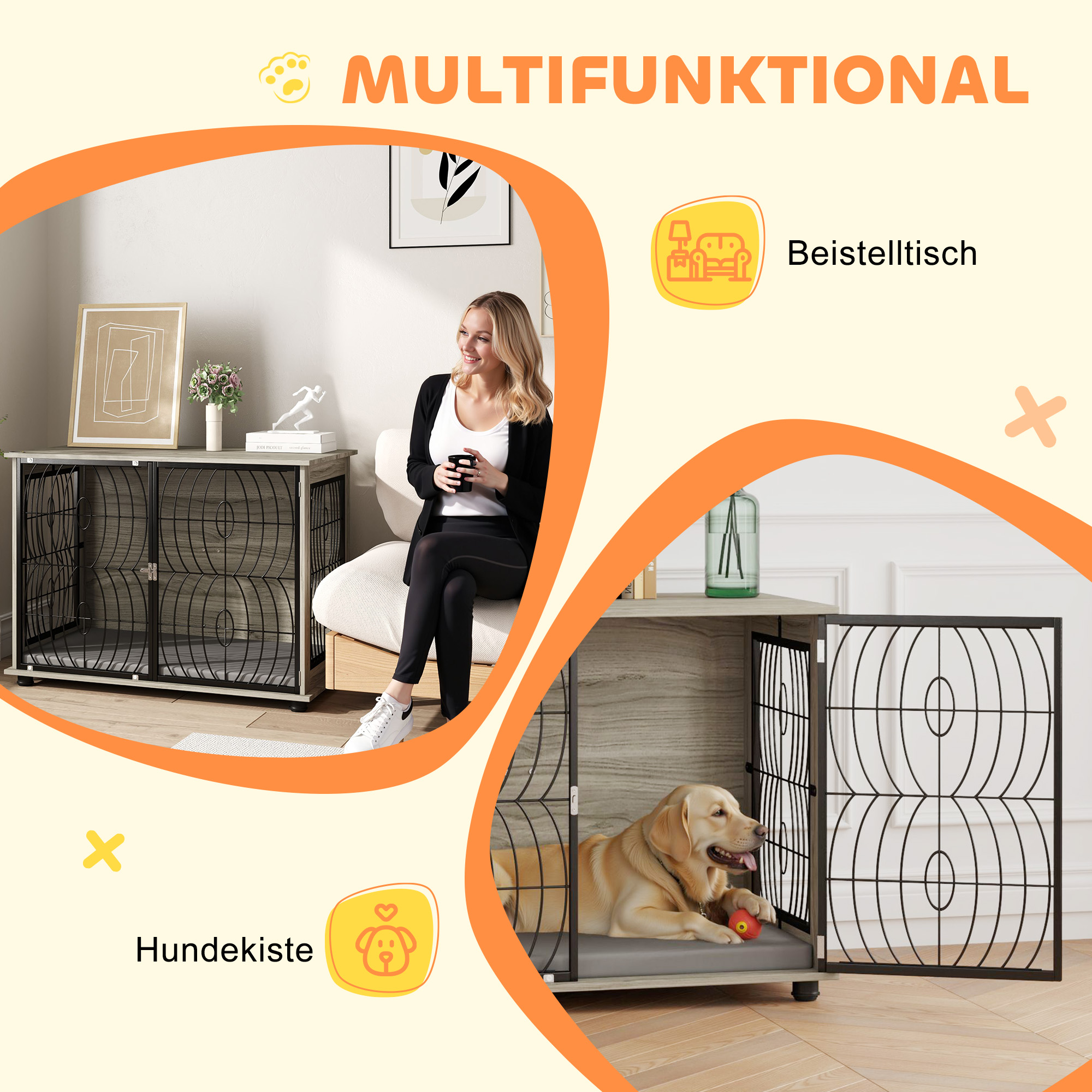 Hundebox, Hundekiste, Verschließbare Aufenthaltsbox für große Hunde, Grau