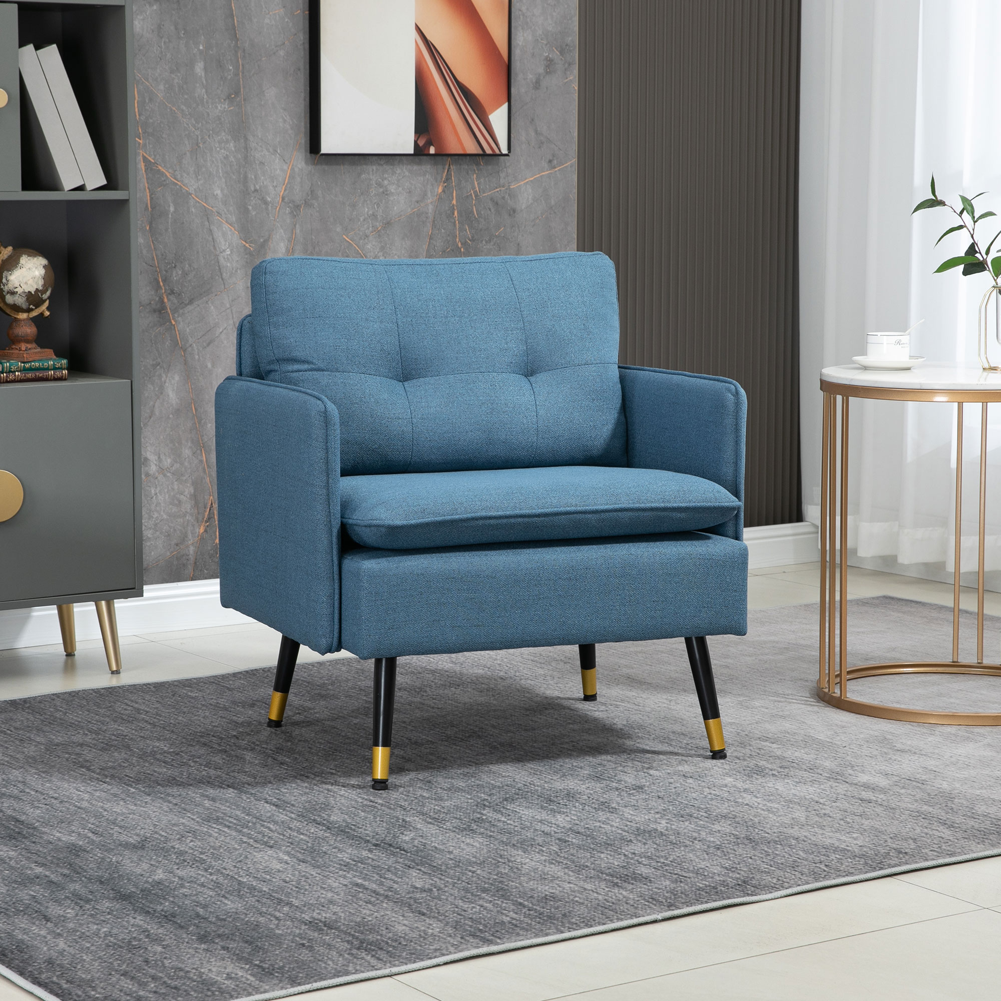 Akzentsessel mit Knopfheftung, Polstersessel, abnehmbare Polster, Schwarz + Gold + Blau