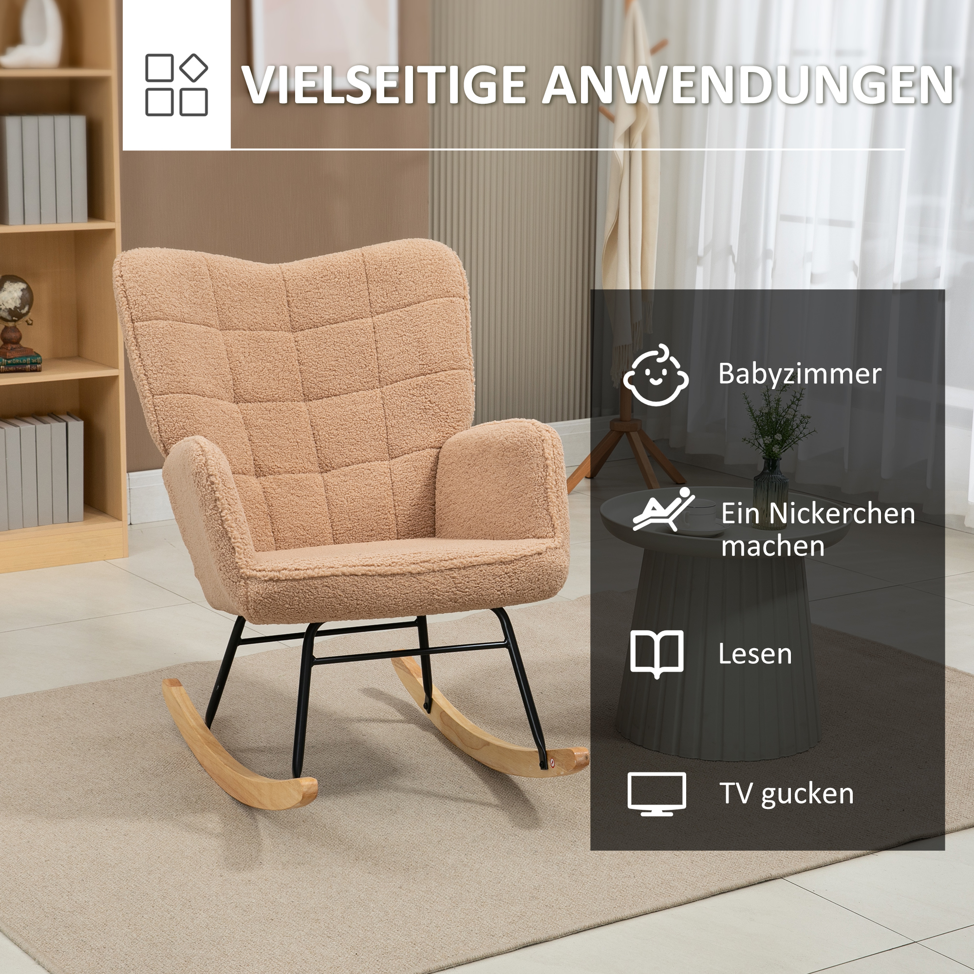 Schaukelstuhl im Retro-Design, Massivholz, Sessel, Relaxsessel, 98 cm x 71 cm x 101 cm, Braun