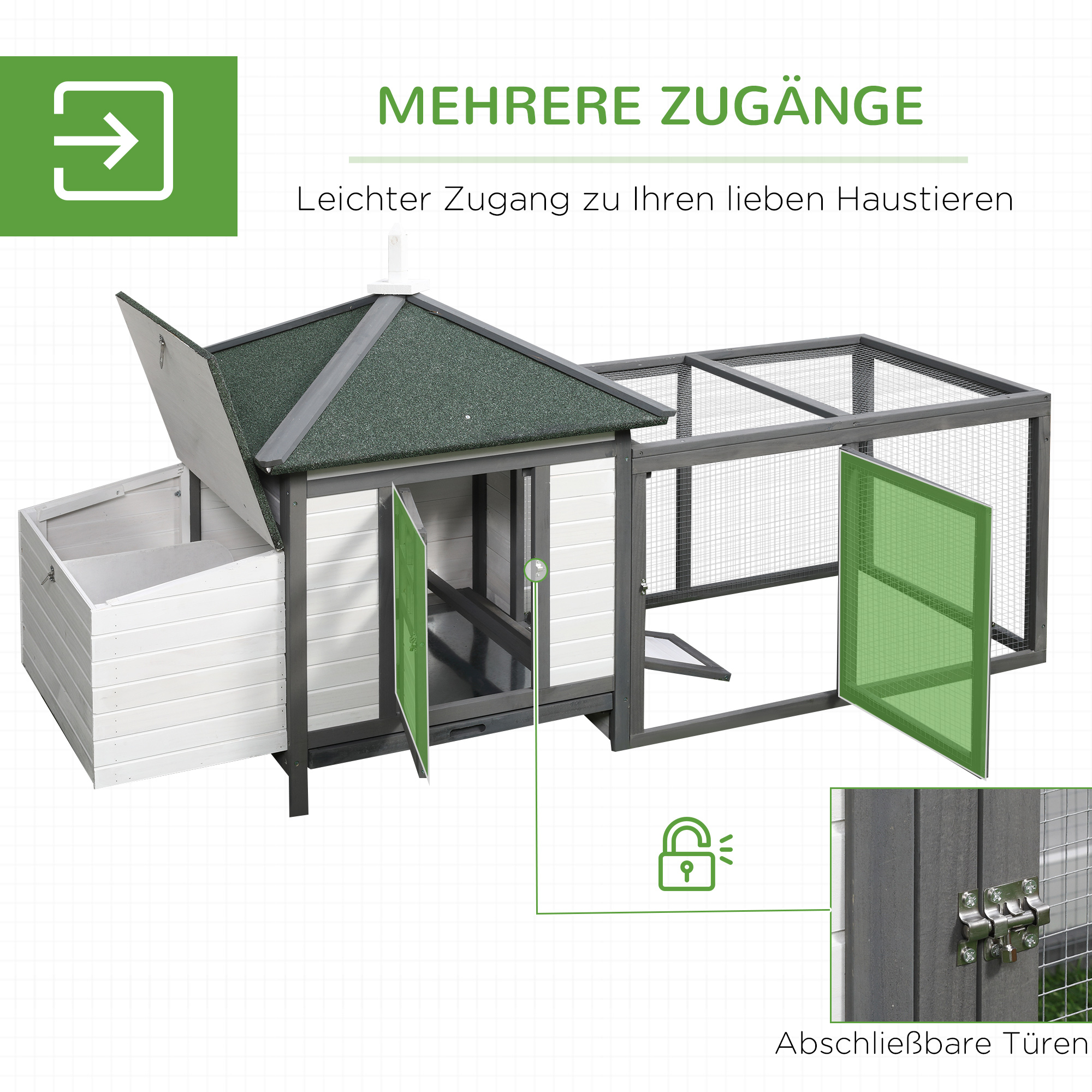 Hühnerstall für Zwerghühner 196 x 76 x 97 cm witterungsbeständig Hühnerhaus mit Nistkasten, Freilaufgehege Sitzstange, Kleintierstall aus Holz für 1-2 Hühner, Grau