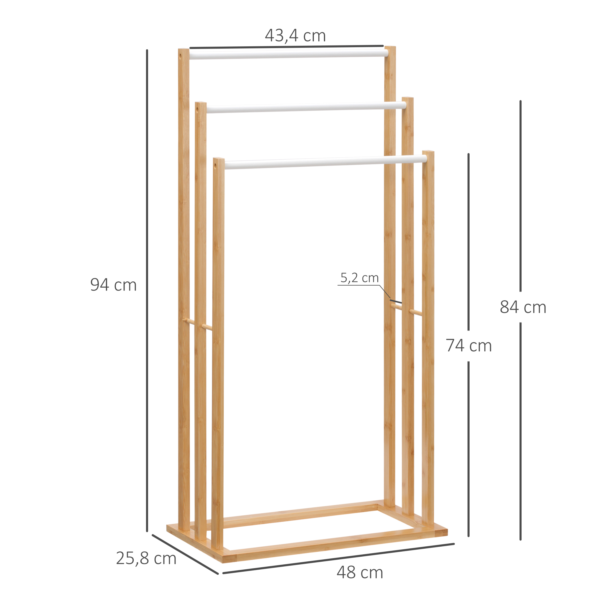 Handtuschständer aus Bambus, 3-teiliges Design, 3 Handtuchstangen 48 cm x 25,8 cm x 94 cm, Natur + Weiß