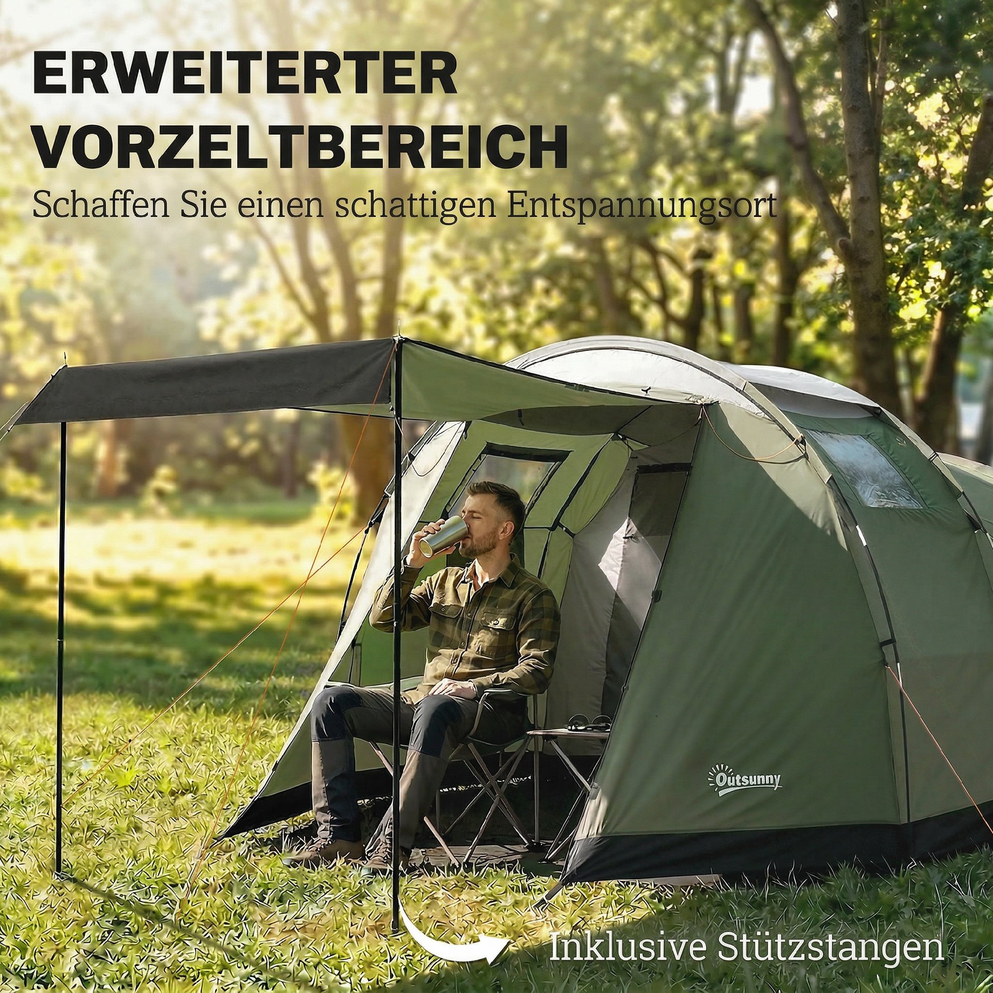 Campingzelt für 3-4 Personen stabil 3000mm wasserdicht Familienzelt mit Schlafkabine Vorraum Wohnbereich Grün