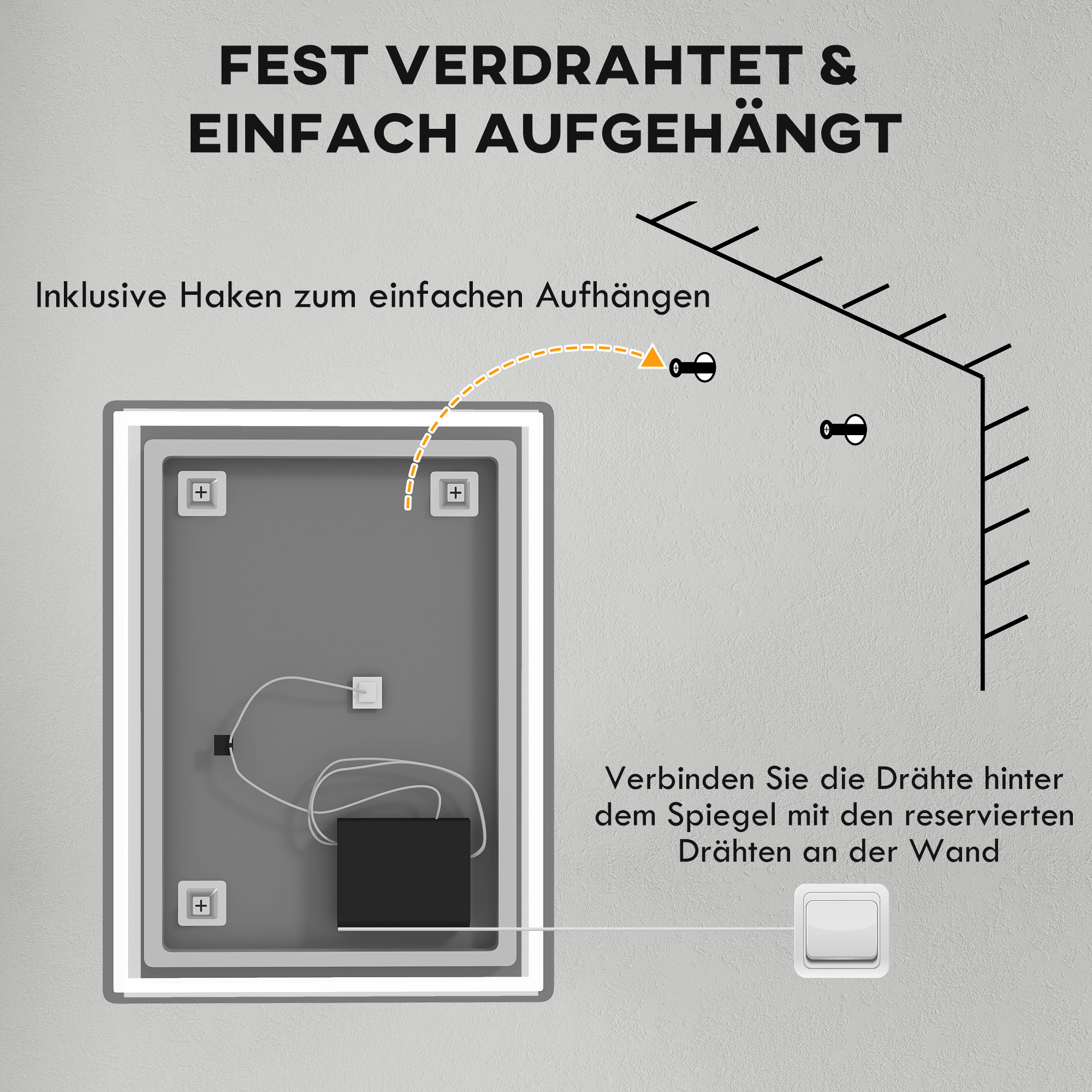 Badspiegel Badezimmerspiegel Wandspiegel LED´s. Ber, gsschalter, Antibeschlagfunktion, 60 x 80 x 4 cm, Weiß
