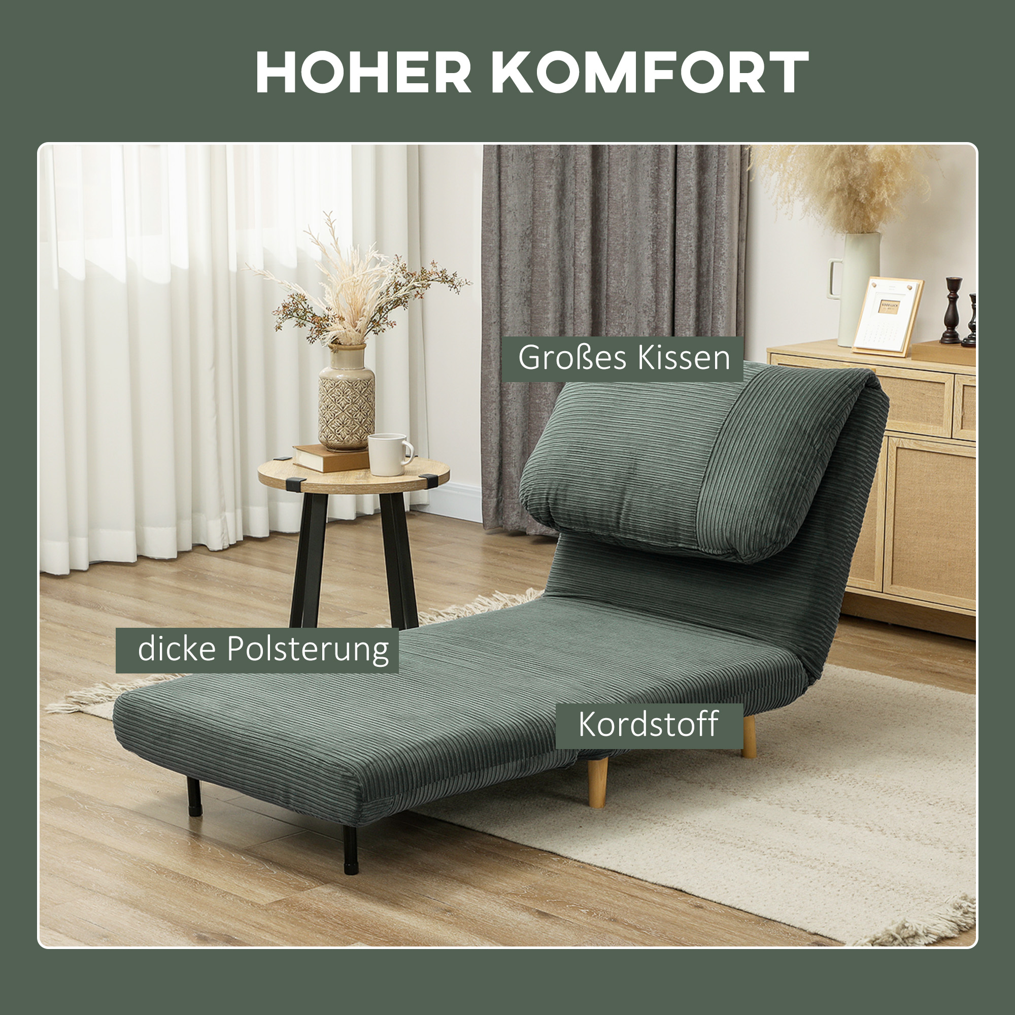 2-in-1 Schlafsessel Gästebett, verstellbare  Kopfstütze Cord-Optik 82 cm x 87 cm x 89 cm Grün