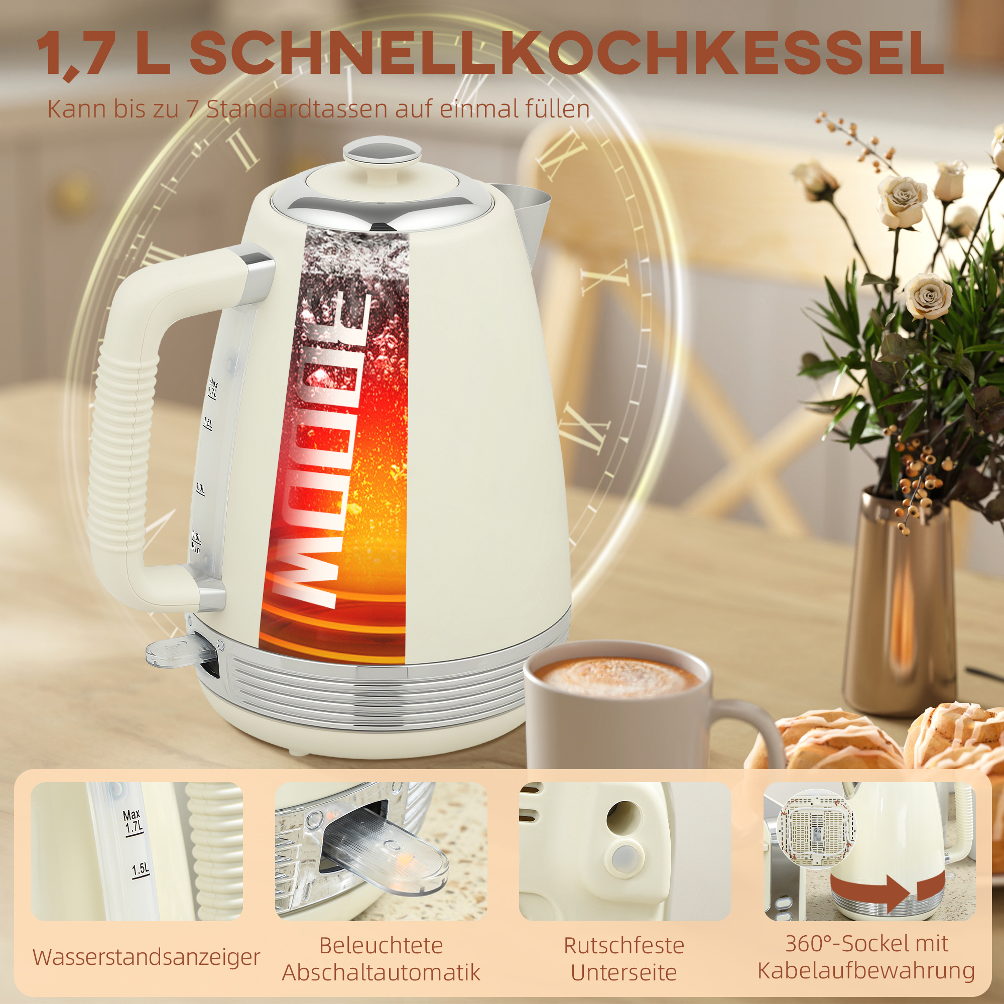 Wasserkocher- und Toaster-Set, 1,7 L, 2200W, Strix Thermostat, Filter, 4-Schlitz-Toaster, 7 Bräunungsstufen, Krümelfach